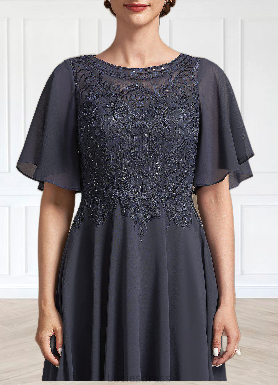 Madalyn A-Line Scoop Neck Tea-Length Chiffon Lace Mother of the Bride Dress With Sequins HF126P0014830