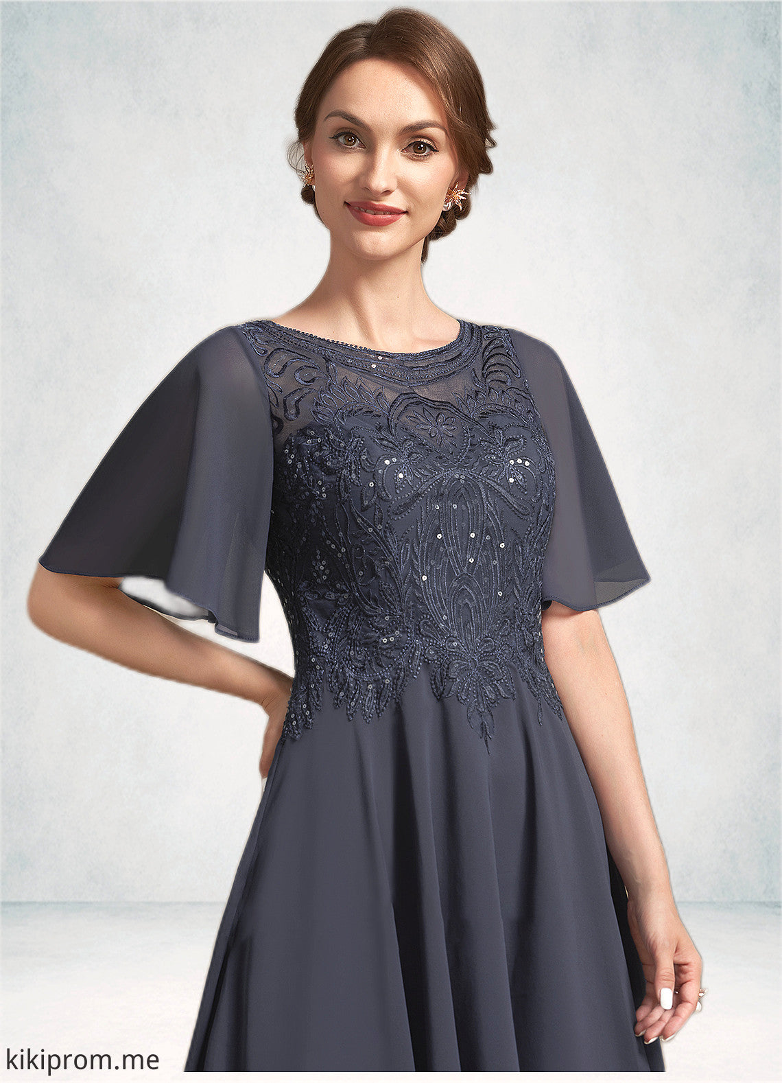 Clara A-Line Scoop Neck Tea-Length Chiffon Lace Mother of the Bride Dress With Sequins STF126P0014830