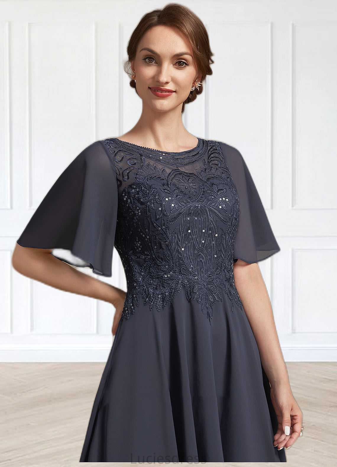 Madalyn A-Line Scoop Neck Tea-Length Chiffon Lace Mother of the Bride Dress With Sequins HF126P0014830