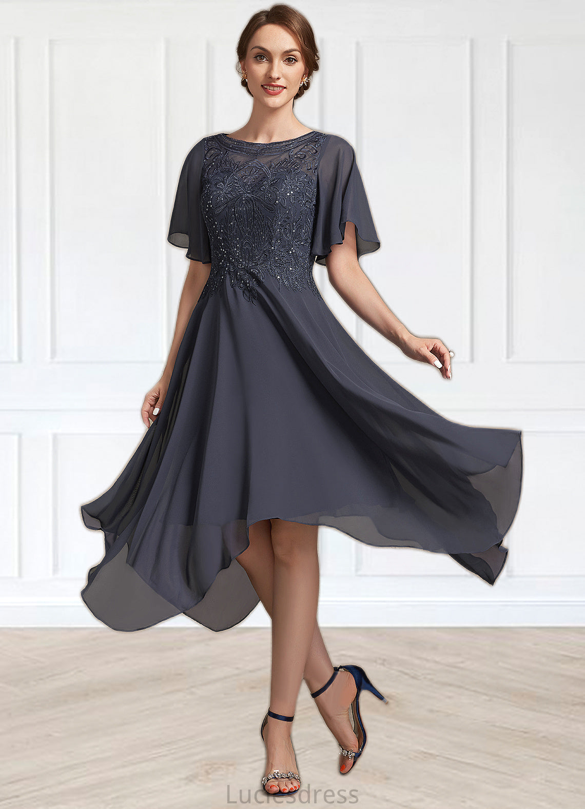 Madalyn A-Line Scoop Neck Tea-Length Chiffon Lace Mother of the Bride Dress With Sequins HF126P0014830