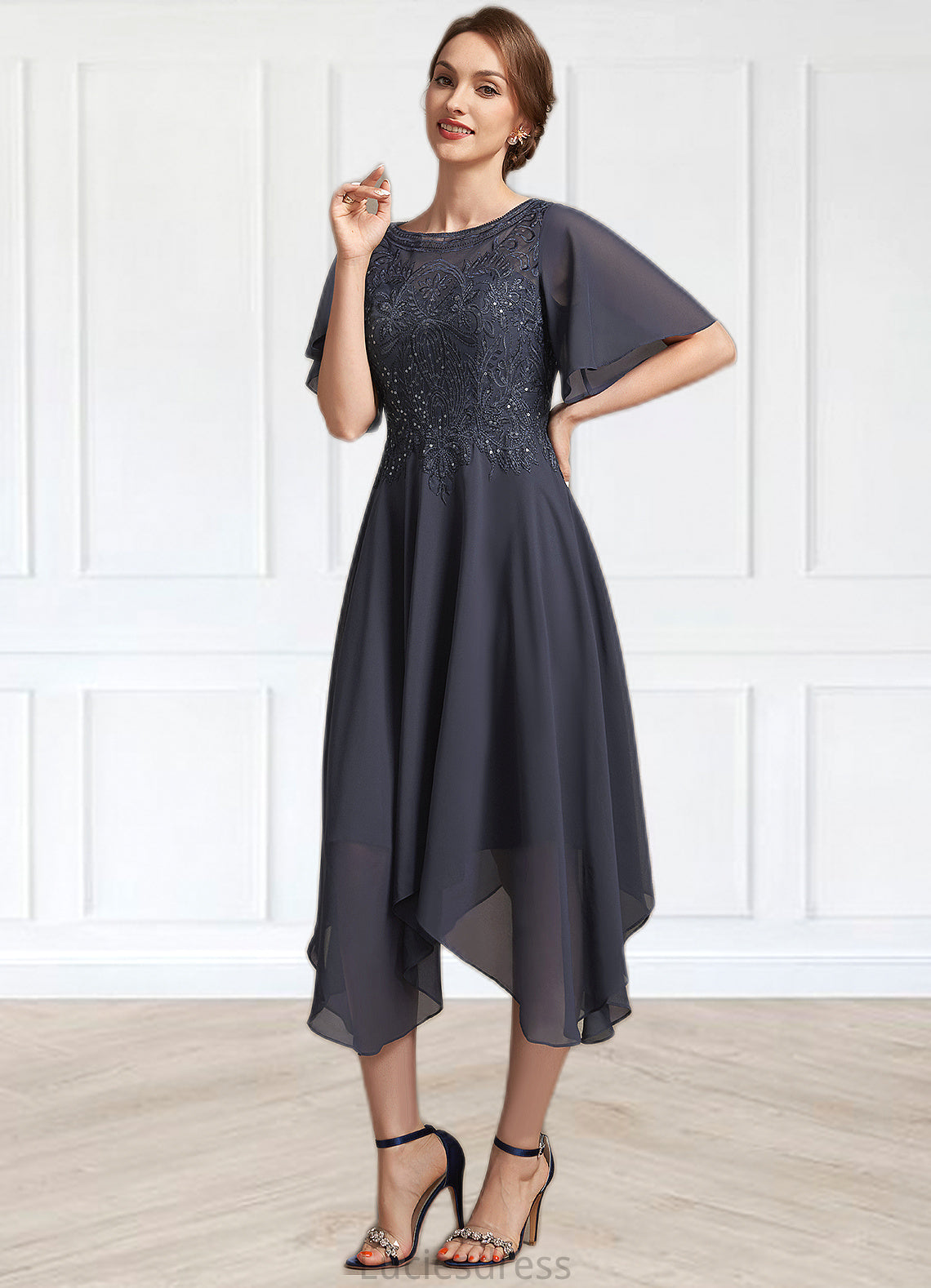 Madalyn A-Line Scoop Neck Tea-Length Chiffon Lace Mother of the Bride Dress With Sequins HF126P0014830