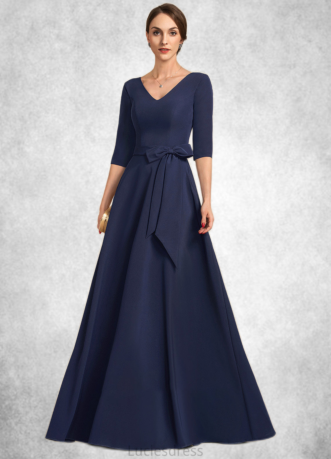 Karly A-Line V-neck Floor-Length Stretch Crepe Mother of the Bride Dress With Bow(s) HF126P0014831