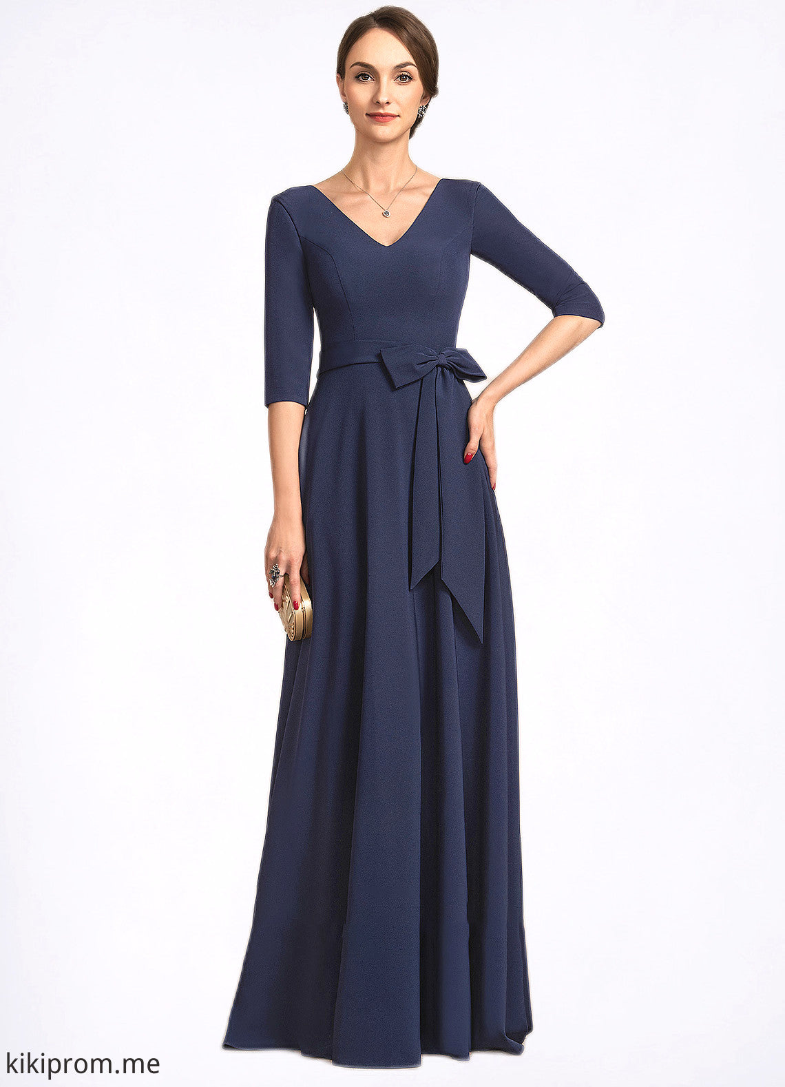 Kinley A-Line V-neck Floor-Length Stretch Crepe Mother of the Bride Dress With Bow(s) STF126P0014831