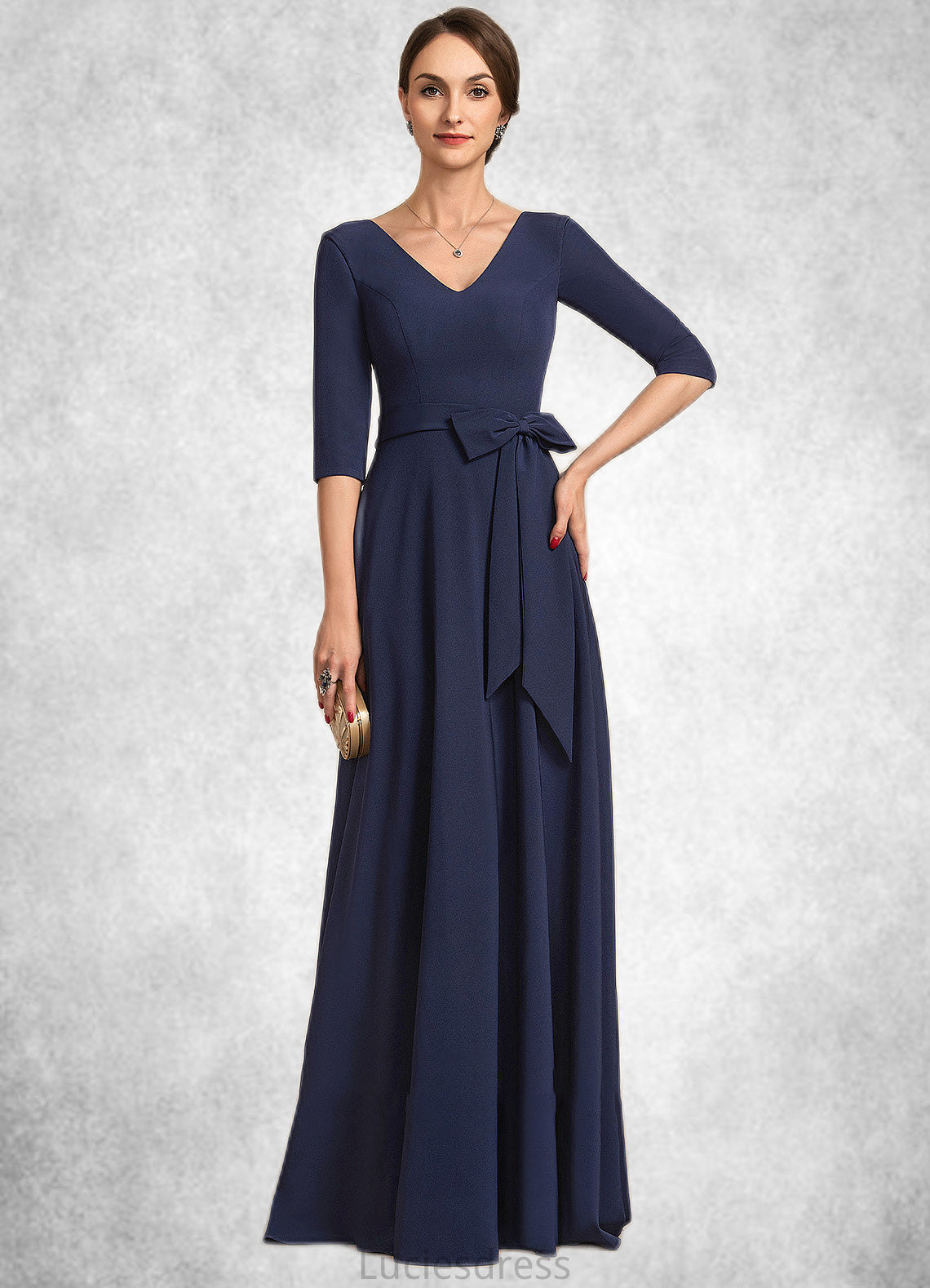 Karly A-Line V-neck Floor-Length Stretch Crepe Mother of the Bride Dress With Bow(s) HF126P0014831