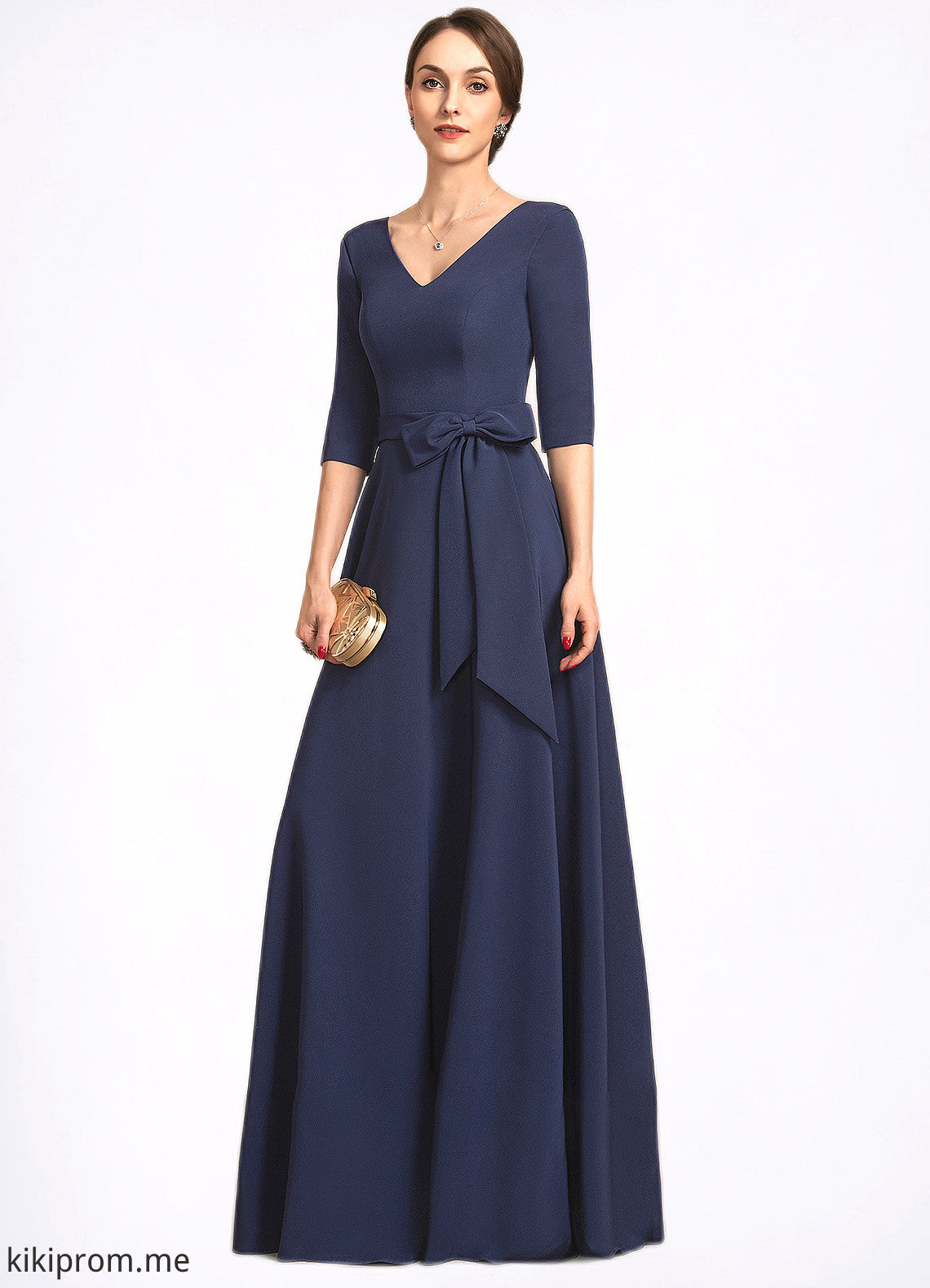 Kinley A-Line V-neck Floor-Length Stretch Crepe Mother of the Bride Dress With Bow(s) STF126P0014831