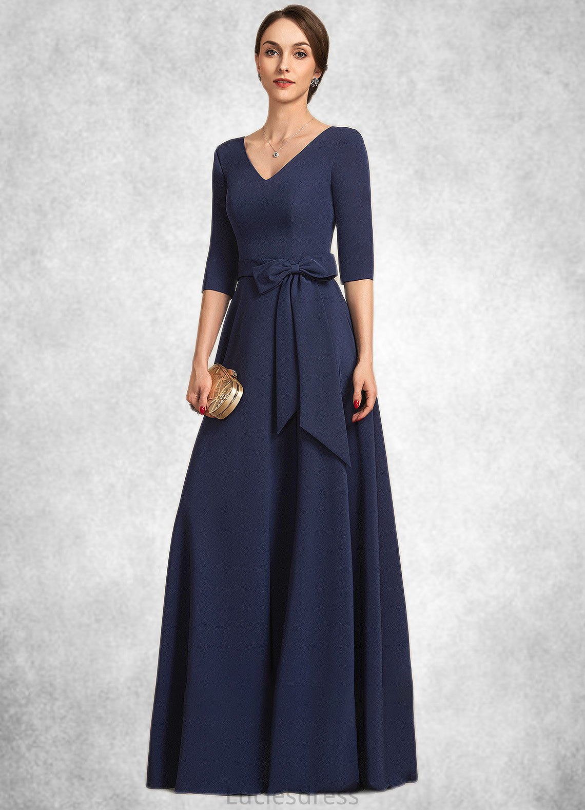 Karly A-Line V-neck Floor-Length Stretch Crepe Mother of the Bride Dress With Bow(s) HF126P0014831