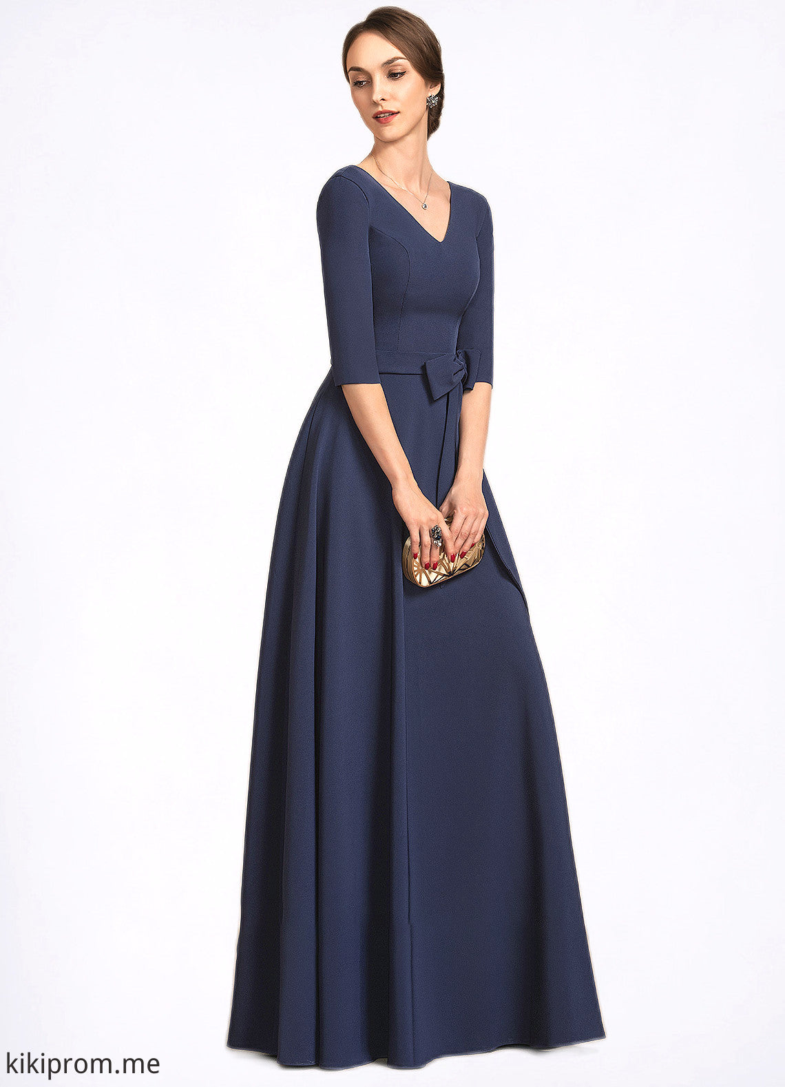 Kinley A-Line V-neck Floor-Length Stretch Crepe Mother of the Bride Dress With Bow(s) STF126P0014831