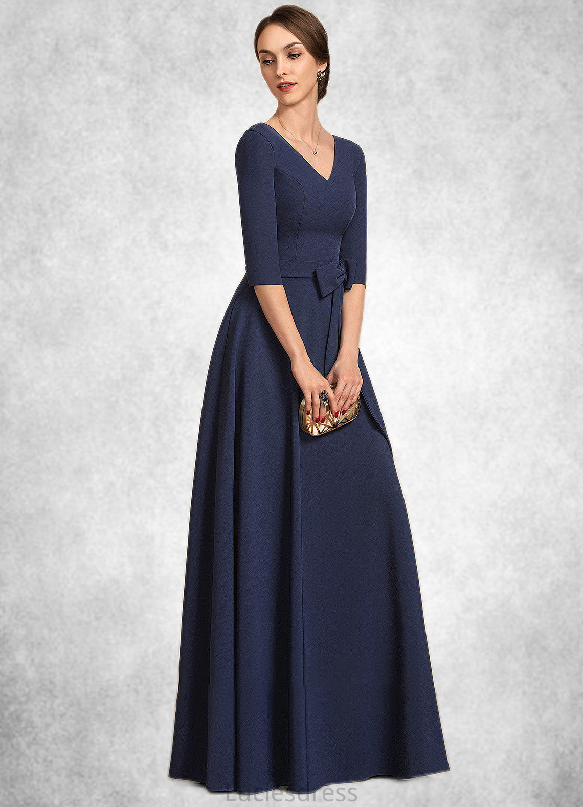 Karly A-Line V-neck Floor-Length Stretch Crepe Mother of the Bride Dress With Bow(s) HF126P0014831