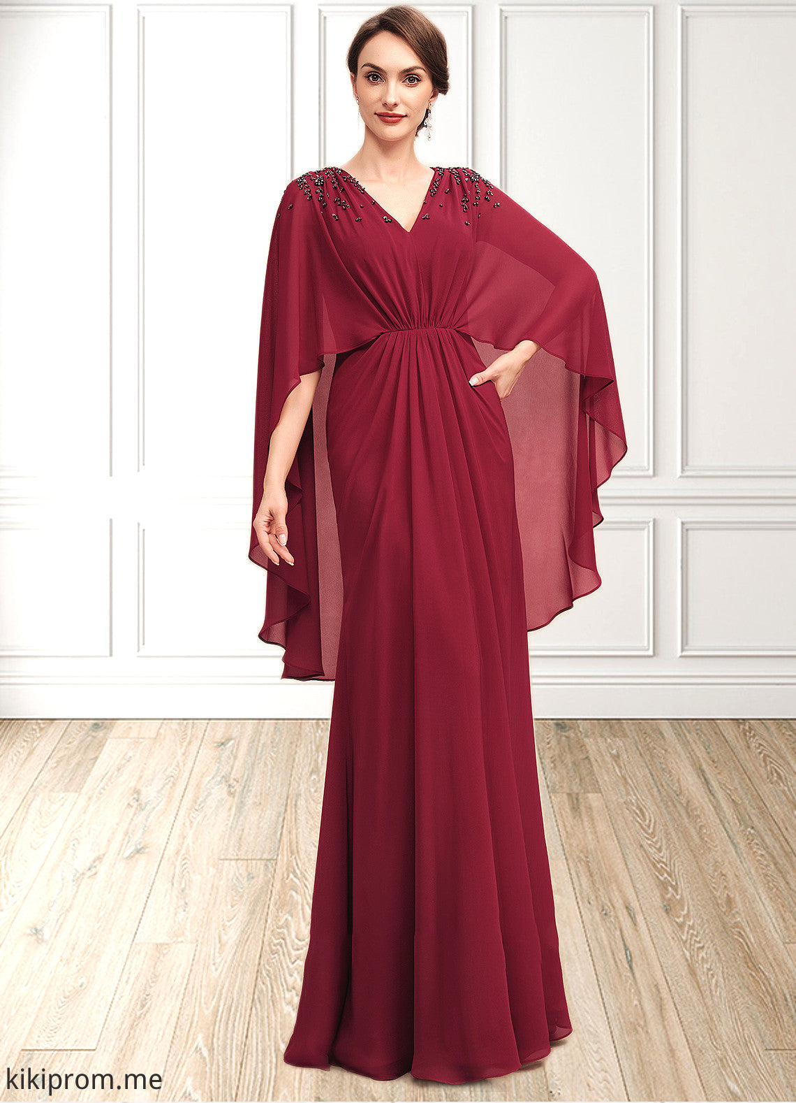 Precious A-Line V-neck Floor-Length Chiffon Mother of the Bride Dress With Ruffle Beading Sequins STF126P0014833