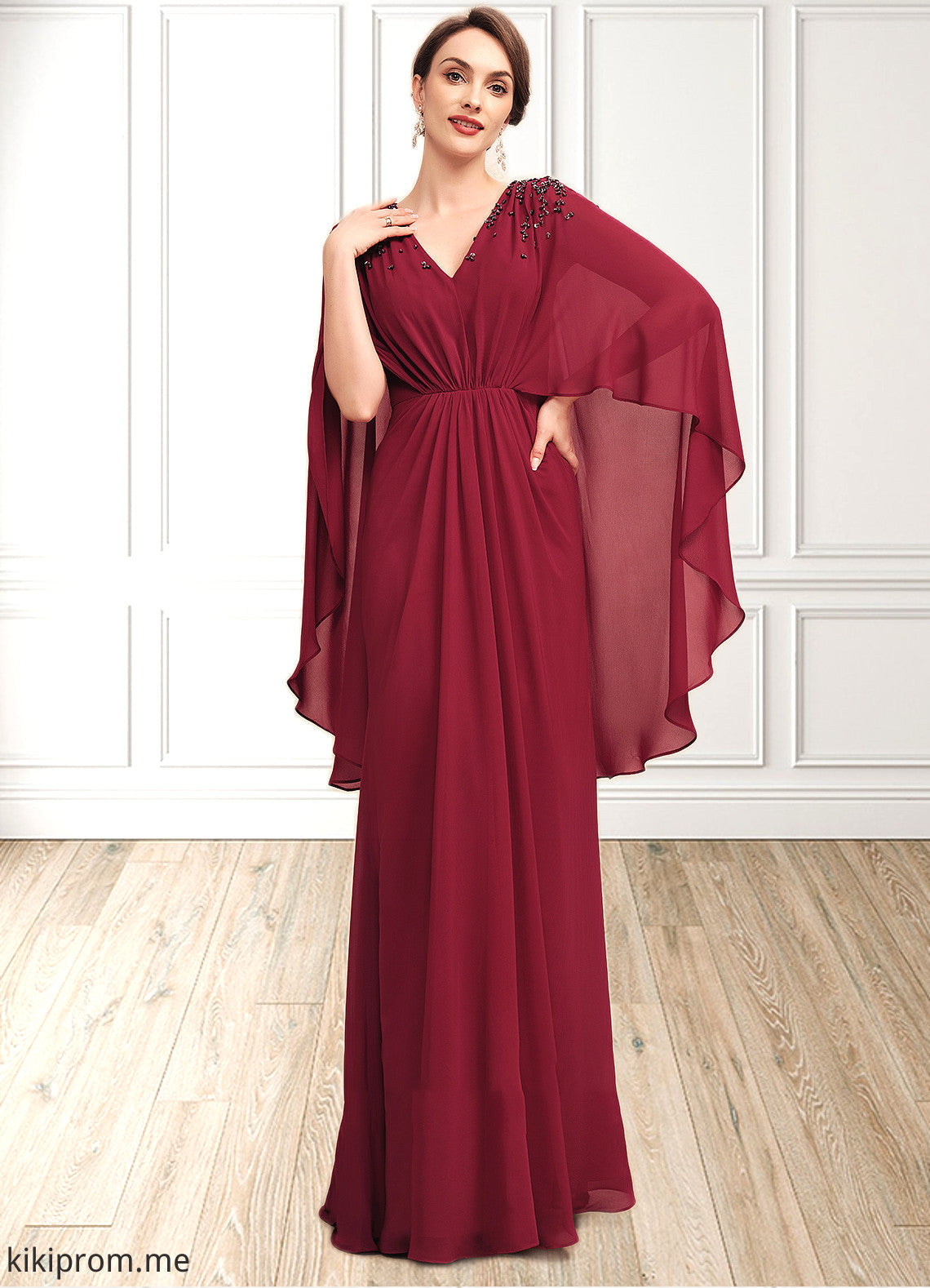 Precious A-Line V-neck Floor-Length Chiffon Mother of the Bride Dress With Ruffle Beading Sequins STF126P0014833