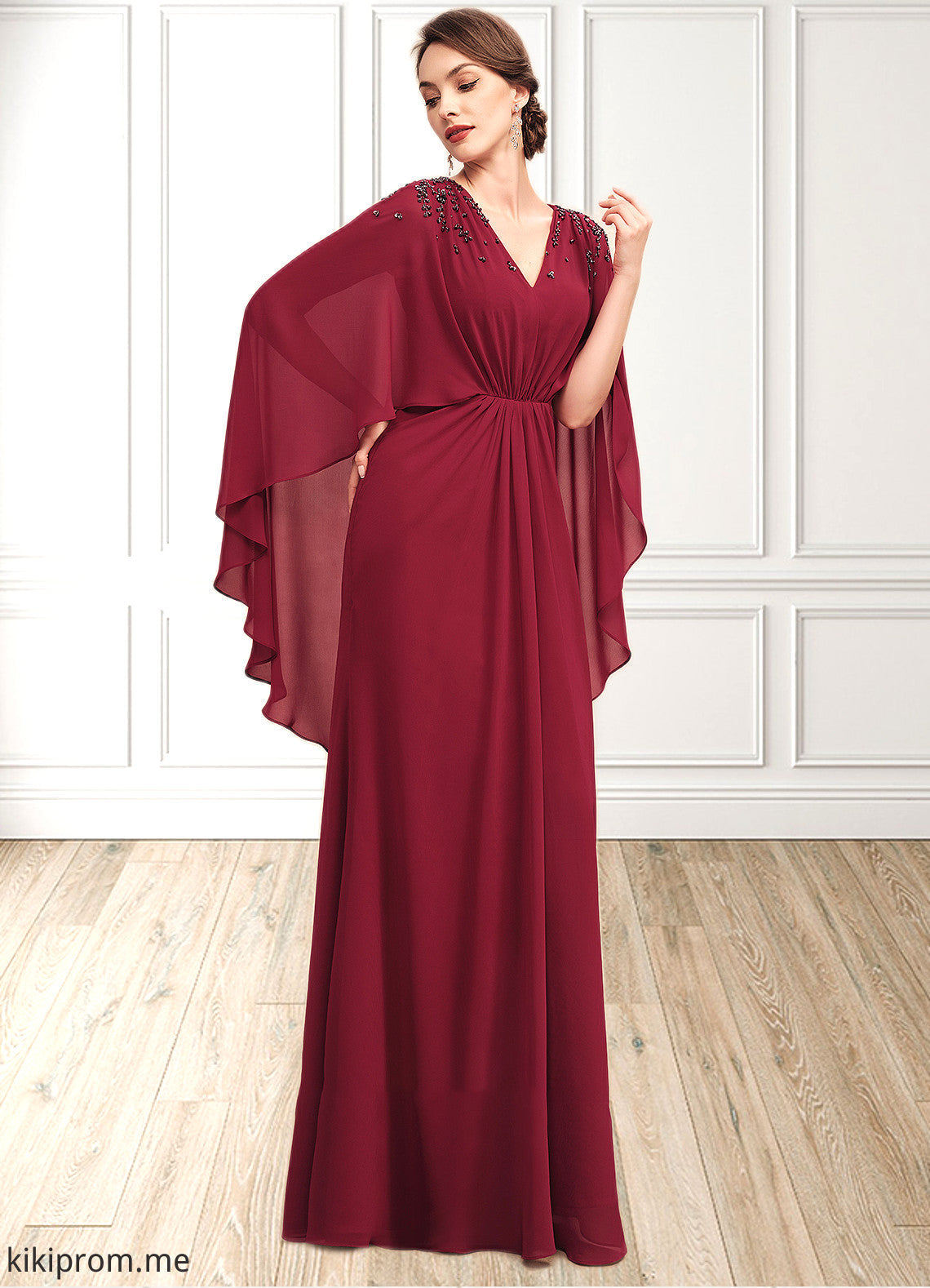 Precious A-Line V-neck Floor-Length Chiffon Mother of the Bride Dress With Ruffle Beading Sequins STF126P0014833