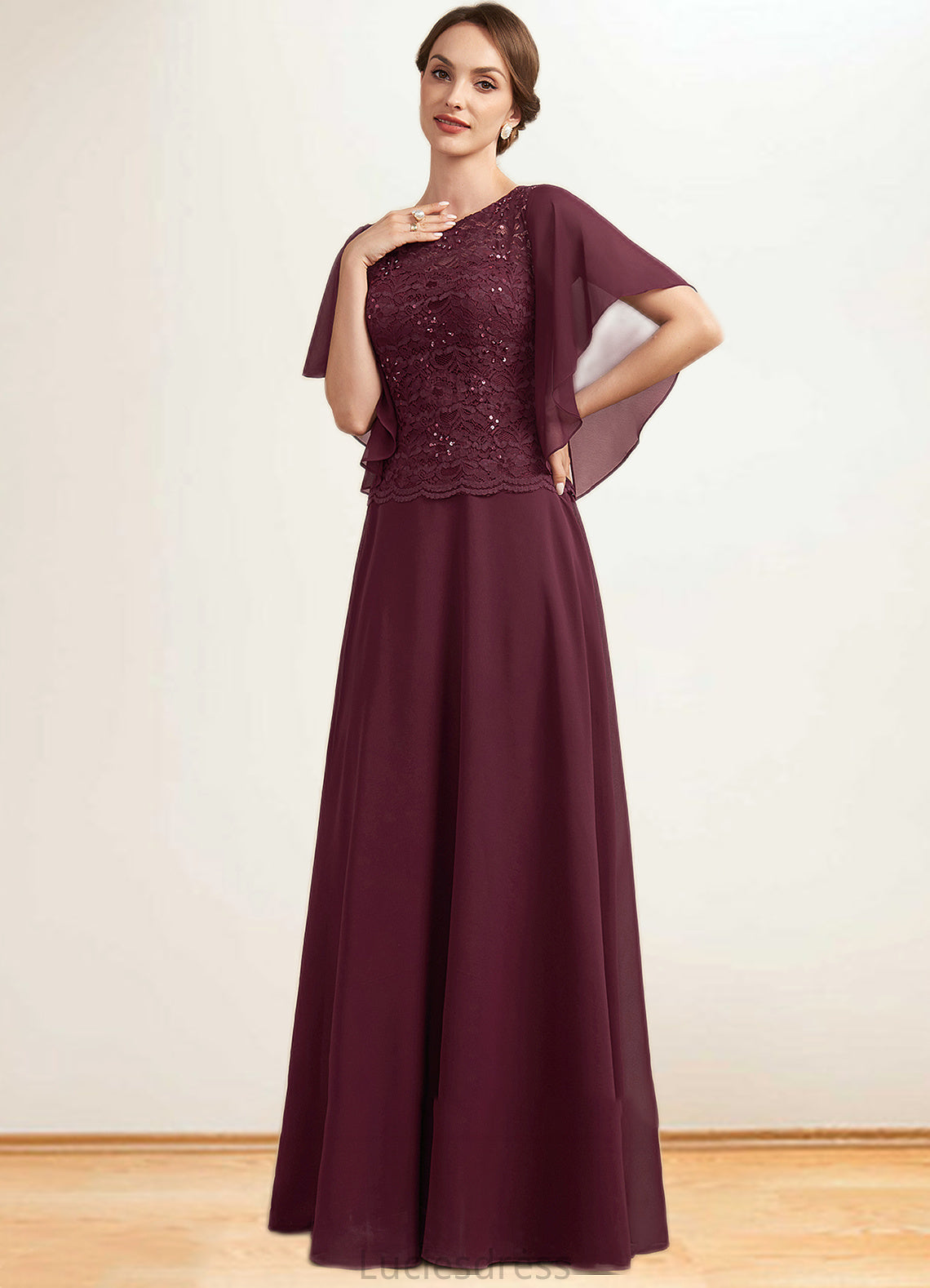 Esme A-Line Scoop Neck Floor-Length Chiffon Lace Mother of the Bride Dress With Sequins HF126P0014834