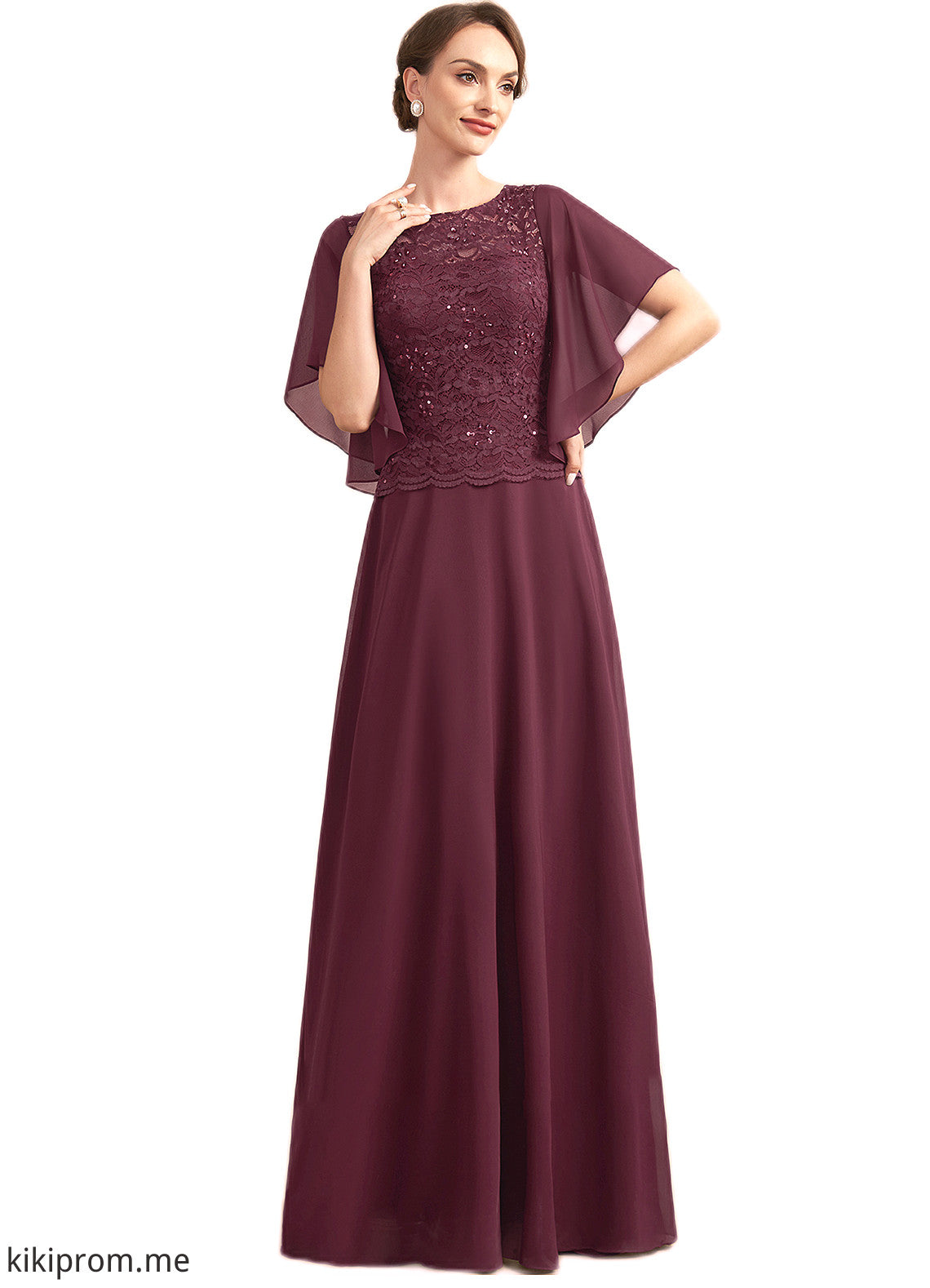 Bella A-Line Scoop Neck Floor-Length Chiffon Lace Mother of the Bride Dress With Sequins STF126P0014834