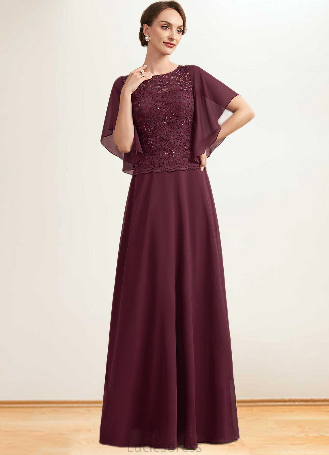 Esme A-Line Scoop Neck Floor-Length Chiffon Lace Mother of the Bride Dress With Sequins HF126P0014834