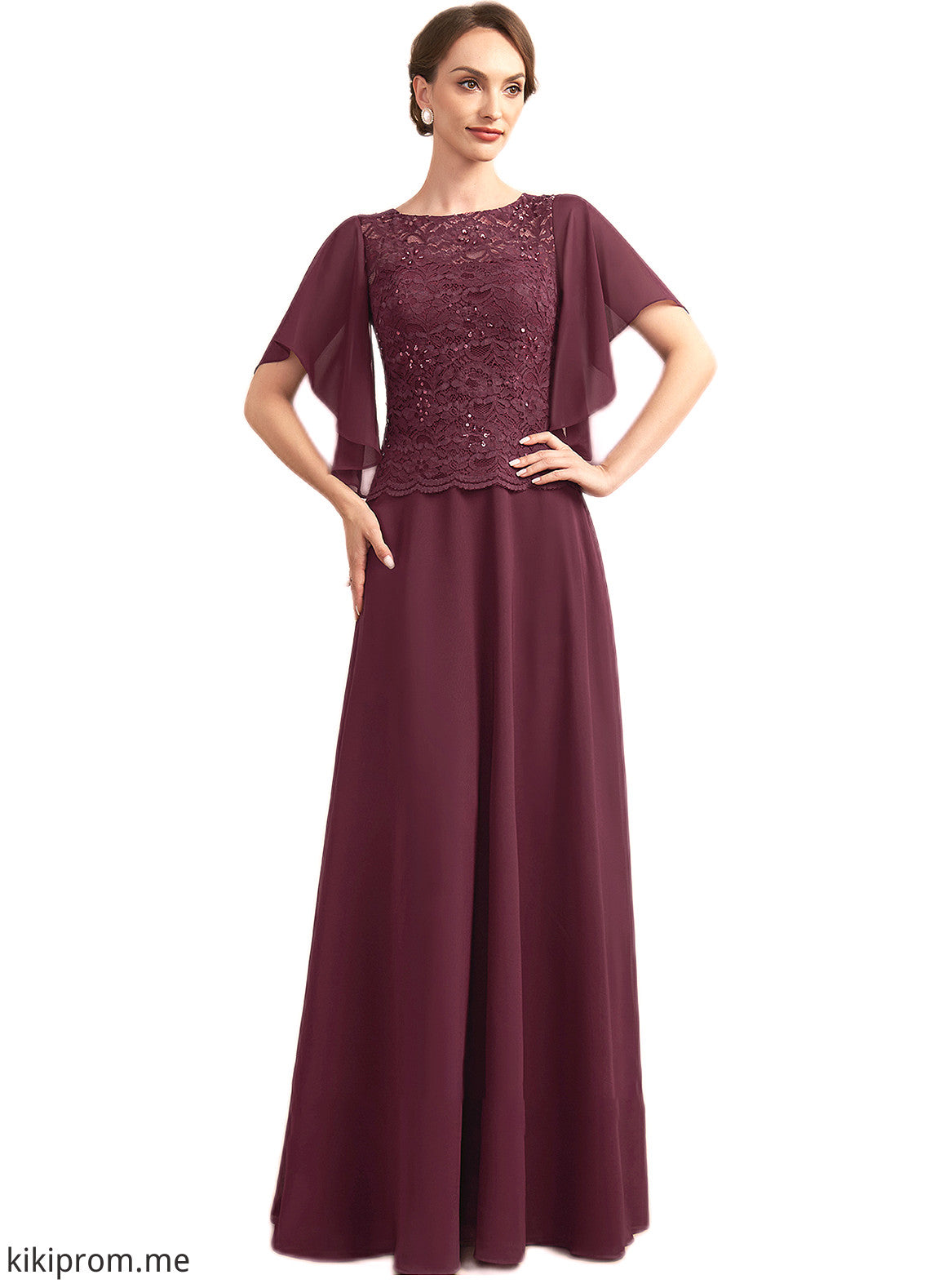 Bella A-Line Scoop Neck Floor-Length Chiffon Lace Mother of the Bride Dress With Sequins STF126P0014834