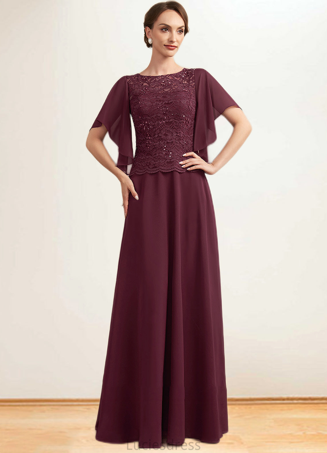 Esme A-Line Scoop Neck Floor-Length Chiffon Lace Mother of the Bride Dress With Sequins HF126P0014834