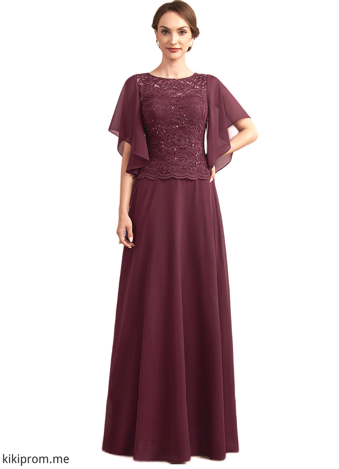 Bella A-Line Scoop Neck Floor-Length Chiffon Lace Mother of the Bride Dress With Sequins STF126P0014834