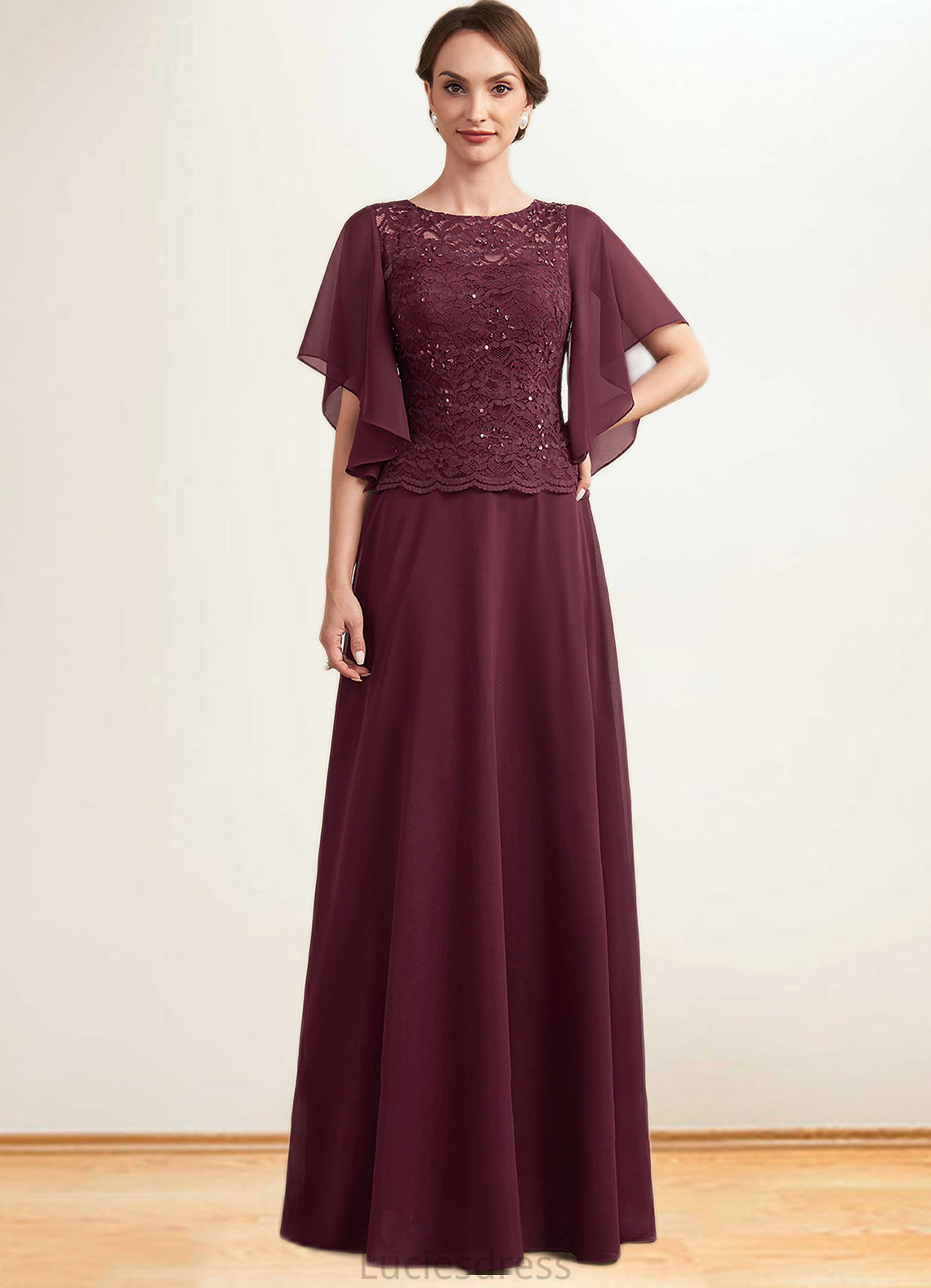 Esme A-Line Scoop Neck Floor-Length Chiffon Lace Mother of the Bride Dress With Sequins HF126P0014834