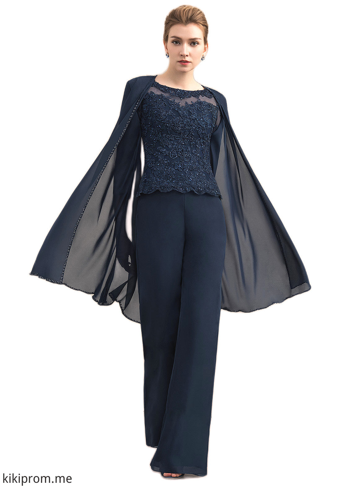 Taryn Jumpsuit/Pantsuit Scoop Neck Floor-Length Chiffon Lace Mother of the Bride Dress With Beading STF126P0014836