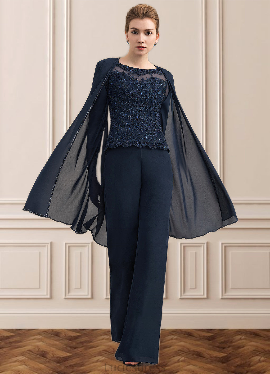 Sophie Jumpsuit/Pantsuit Scoop Neck Floor-Length Chiffon Lace Mother of the Bride Dress With Beading HF126P0014836