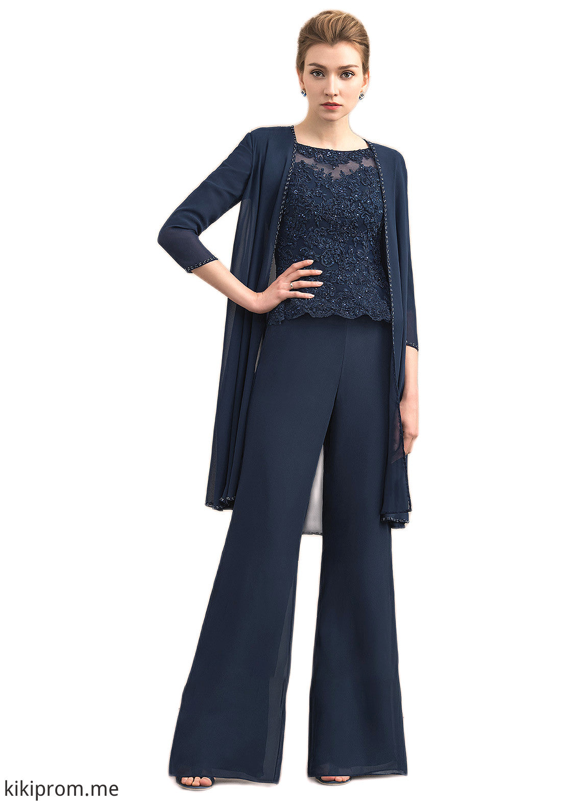 Taryn Jumpsuit/Pantsuit Scoop Neck Floor-Length Chiffon Lace Mother of the Bride Dress With Beading STF126P0014836