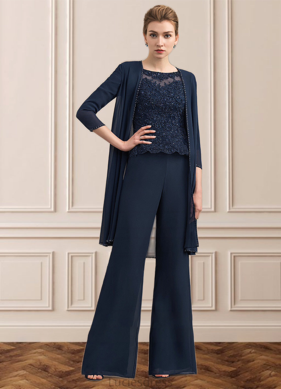 Sophie Jumpsuit/Pantsuit Scoop Neck Floor-Length Chiffon Lace Mother of the Bride Dress With Beading HF126P0014836