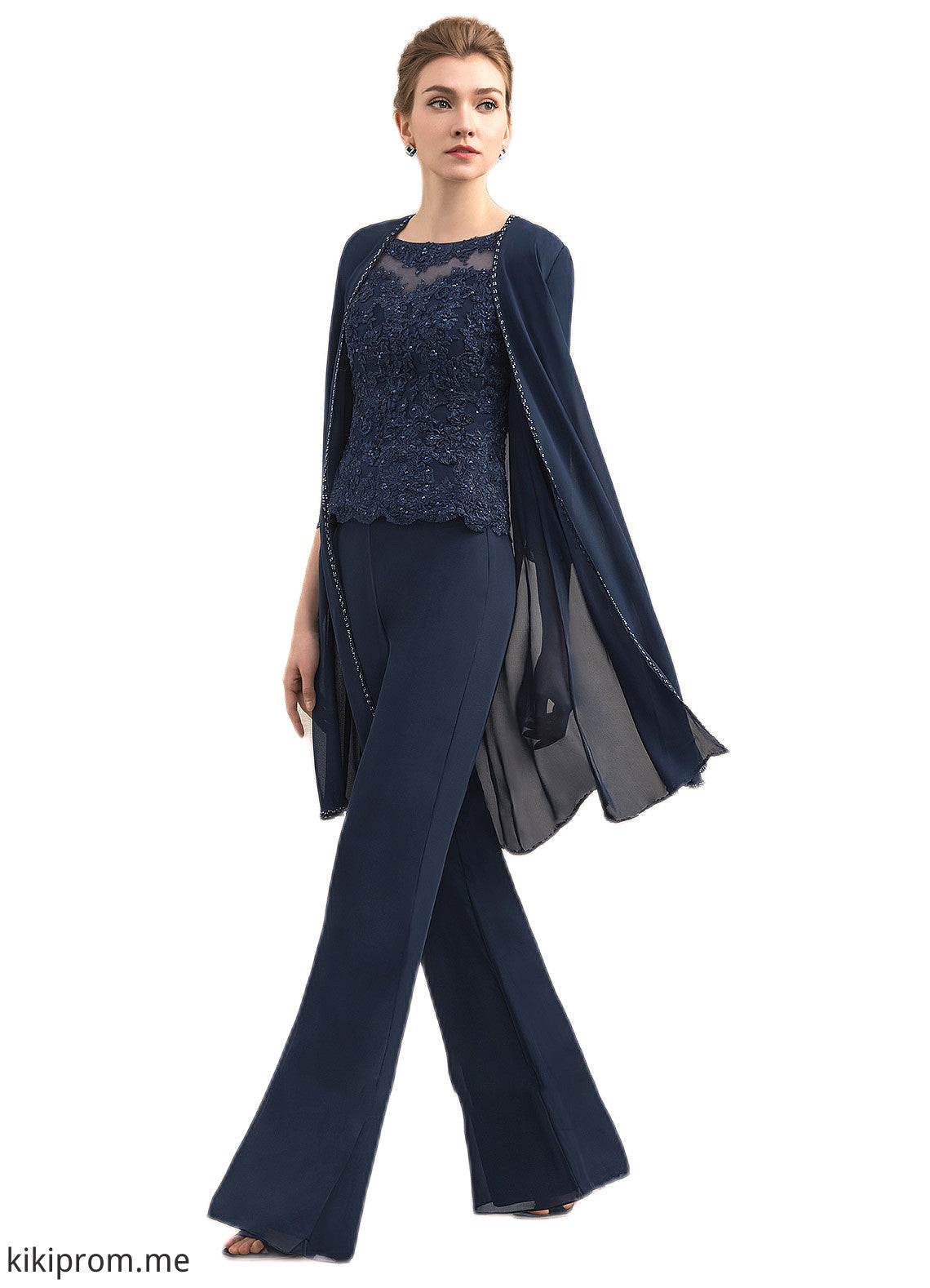 Taryn Jumpsuit/Pantsuit Scoop Neck Floor-Length Chiffon Lace Mother of the Bride Dress With Beading STF126P0014836