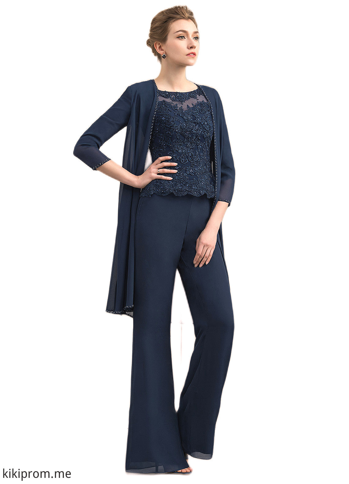 Taryn Jumpsuit/Pantsuit Scoop Neck Floor-Length Chiffon Lace Mother of the Bride Dress With Beading STF126P0014836