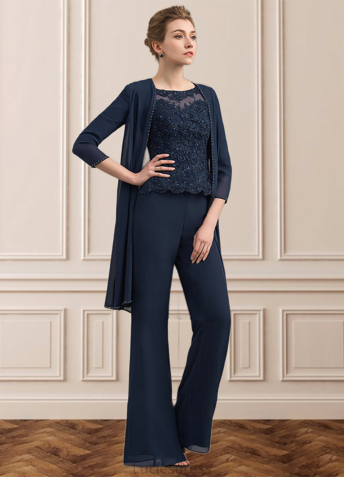 Sophie Jumpsuit/Pantsuit Scoop Neck Floor-Length Chiffon Lace Mother of the Bride Dress With Beading HF126P0014836