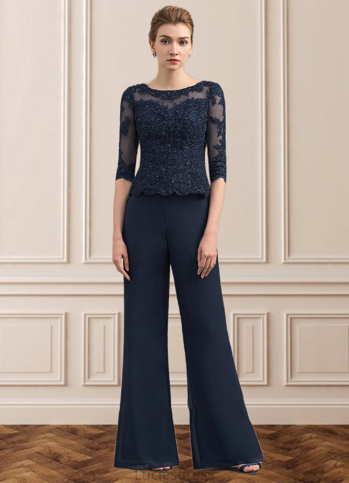 Sophie Jumpsuit/Pantsuit Scoop Neck Floor-Length Chiffon Lace Mother of the Bride Dress With Beading HF126P0014836