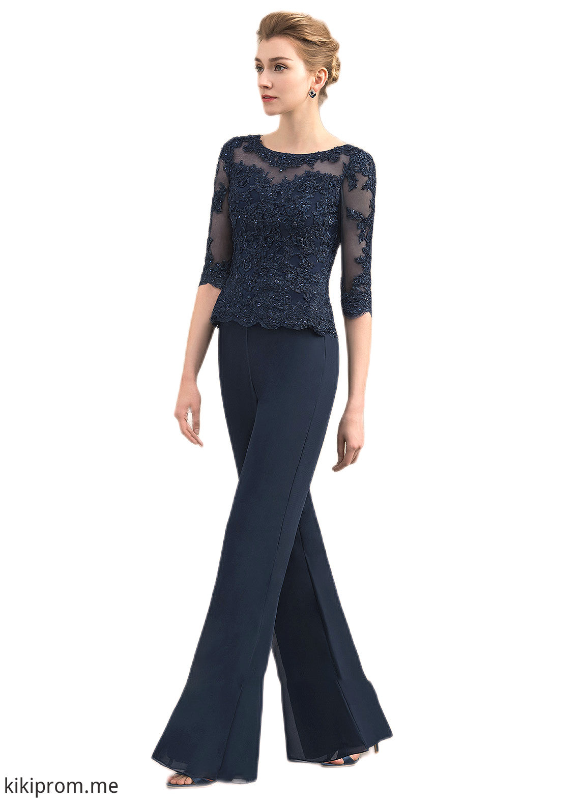 Taryn Jumpsuit/Pantsuit Scoop Neck Floor-Length Chiffon Lace Mother of the Bride Dress With Beading STF126P0014836