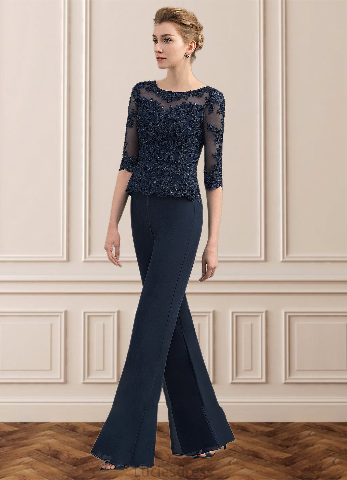 Sophie Jumpsuit/Pantsuit Scoop Neck Floor-Length Chiffon Lace Mother of the Bride Dress With Beading HF126P0014836