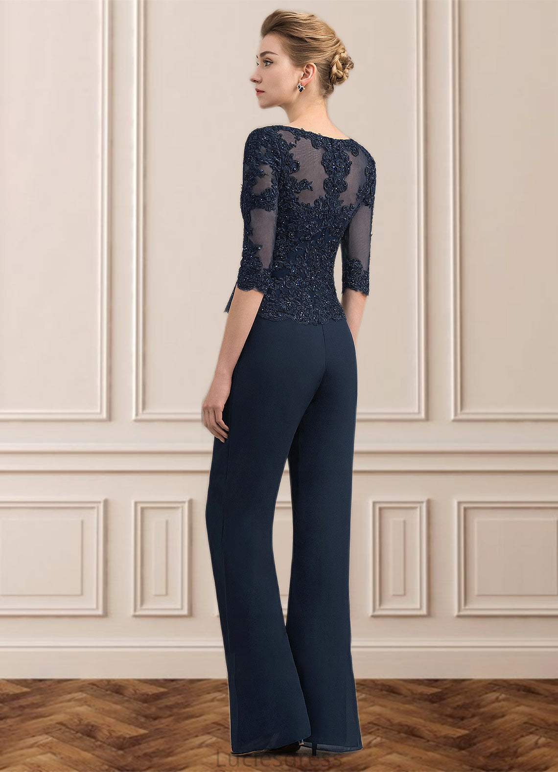 Sophie Jumpsuit/Pantsuit Scoop Neck Floor-Length Chiffon Lace Mother of the Bride Dress With Beading HF126P0014836