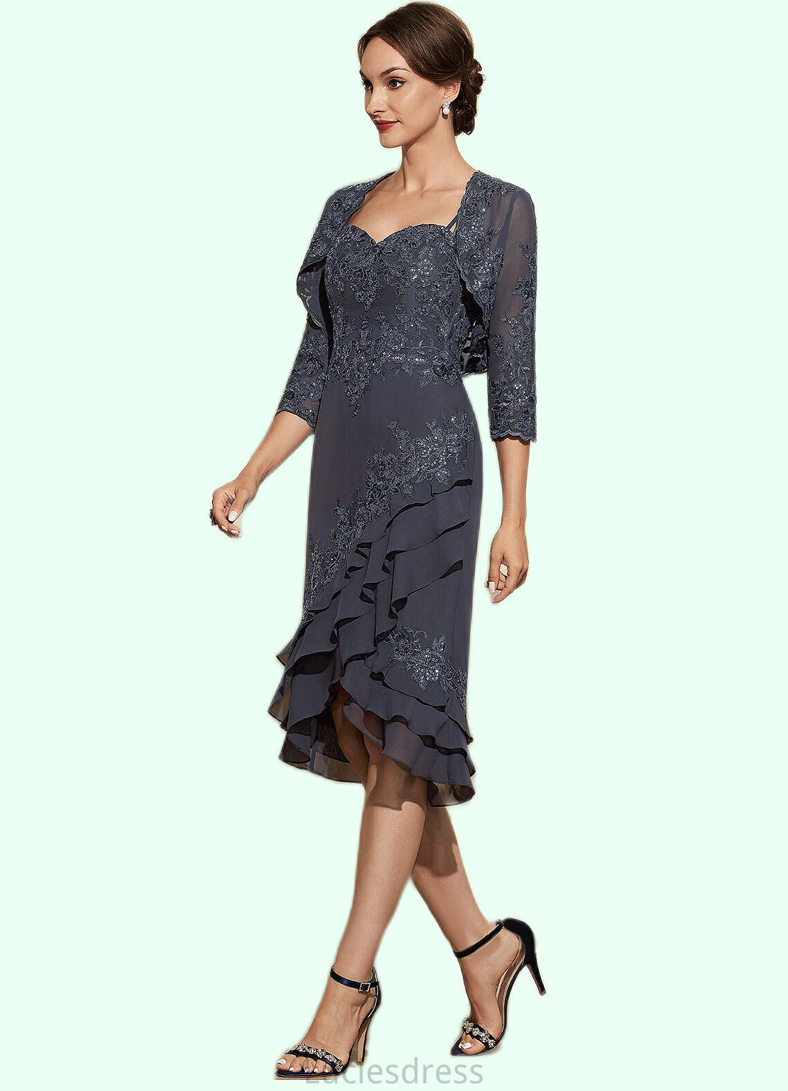 Chanel Sheath/Column Sweetheart Asymmetrical Chiffon Lace Mother of the Bride Dress With Sequins Cascading Ruffles HF126P0014837