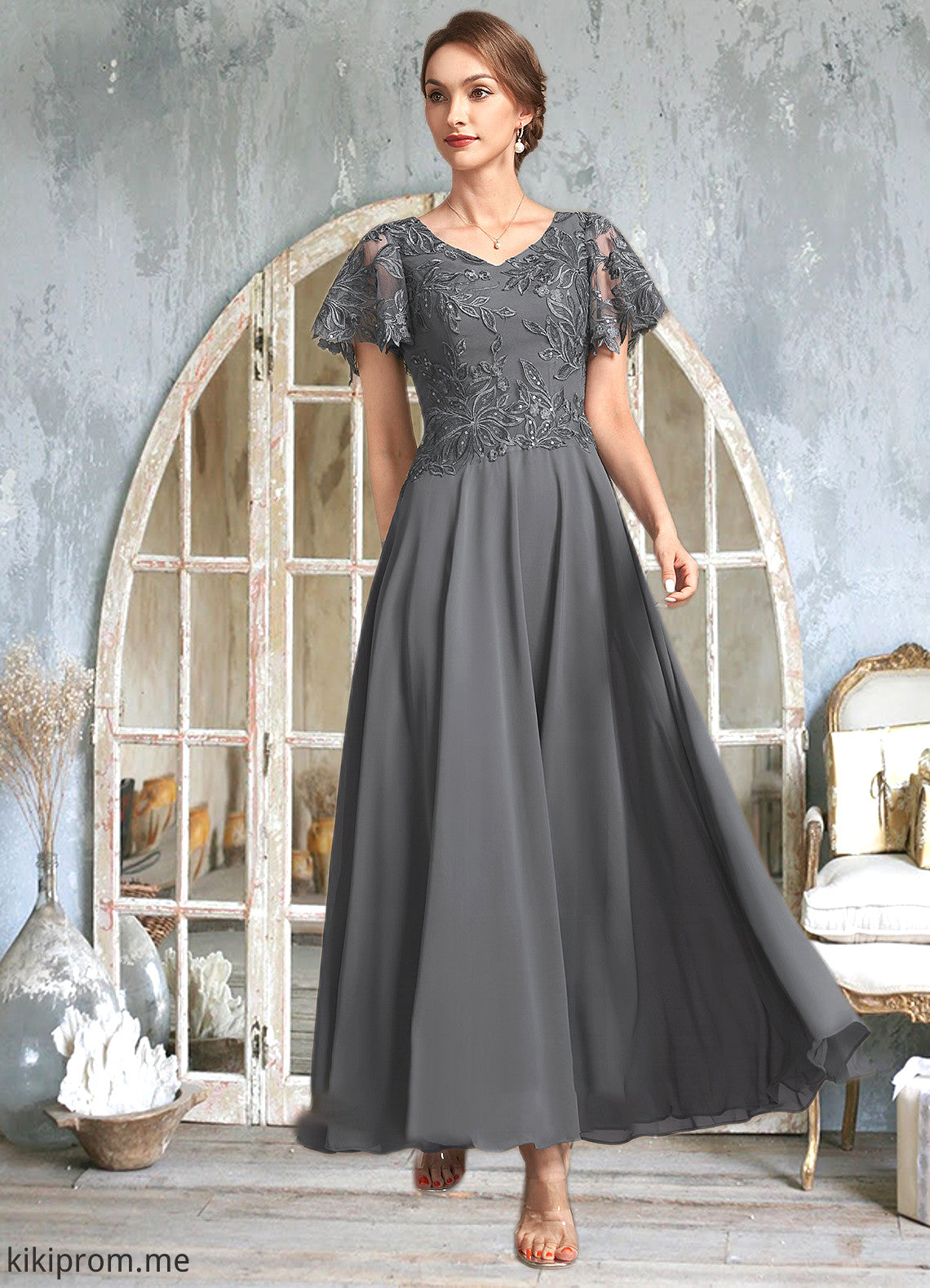 Yamilet A-Line V-neck Ankle-Length Chiffon Lace Mother of the Bride Dress With Sequins STF126P0014838