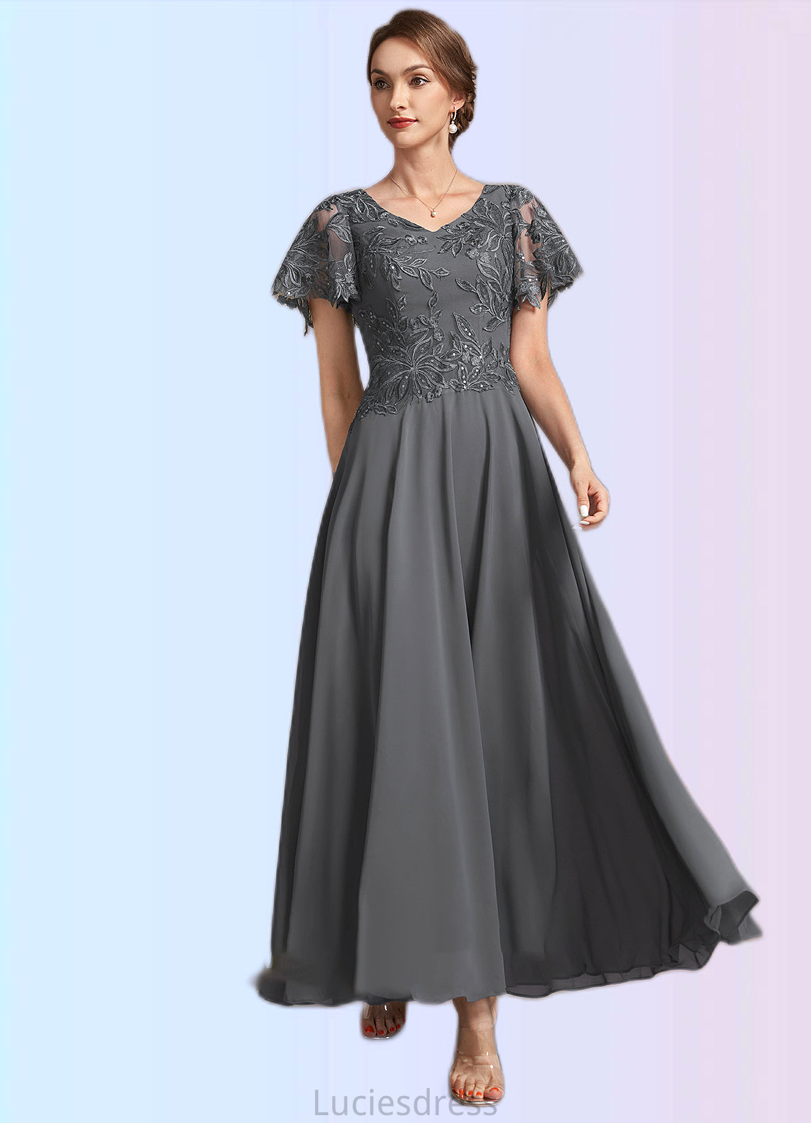 Kaiya A-Line V-neck Ankle-Length Chiffon Lace Mother of the Bride Dress With Sequins HF126P0014838