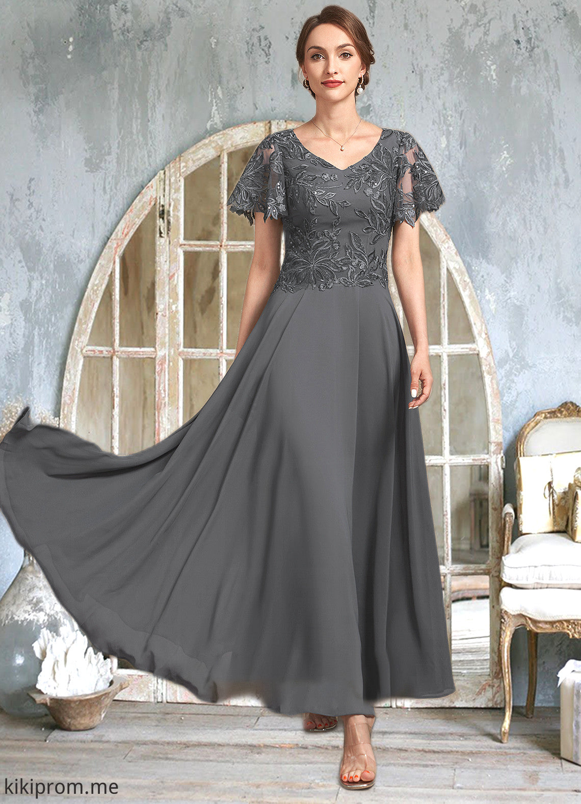 Yamilet A-Line V-neck Ankle-Length Chiffon Lace Mother of the Bride Dress With Sequins STF126P0014838