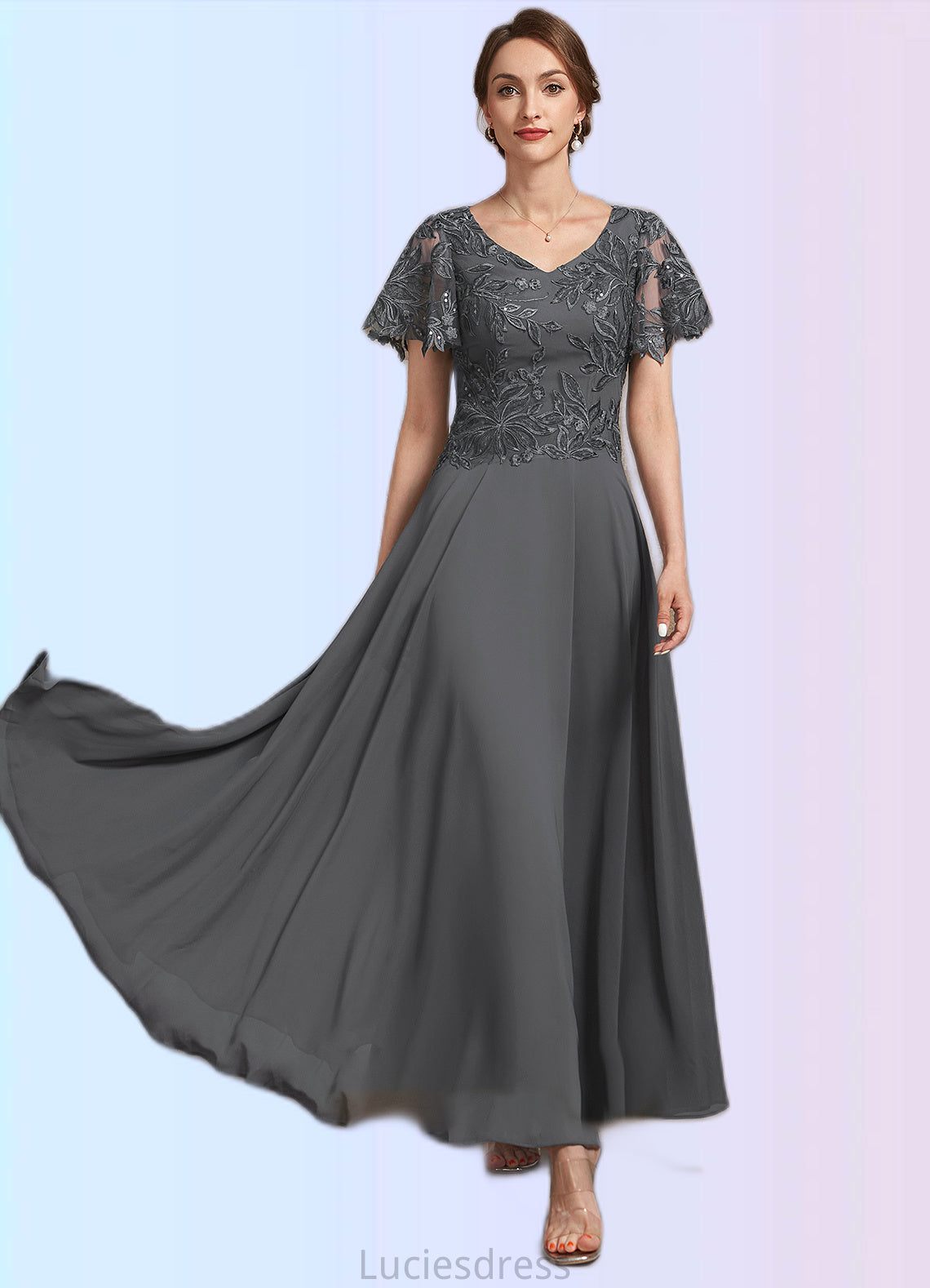 Kaiya A-Line V-neck Ankle-Length Chiffon Lace Mother of the Bride Dress With Sequins HF126P0014838