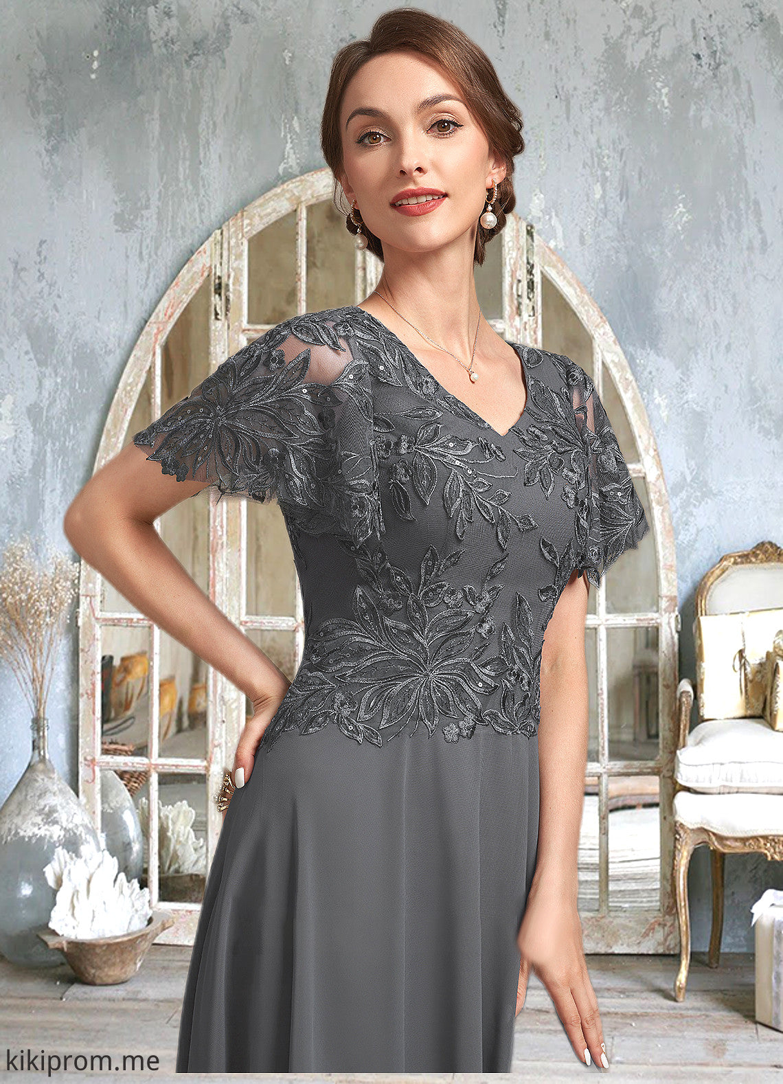 Yamilet A-Line V-neck Ankle-Length Chiffon Lace Mother of the Bride Dress With Sequins STF126P0014838