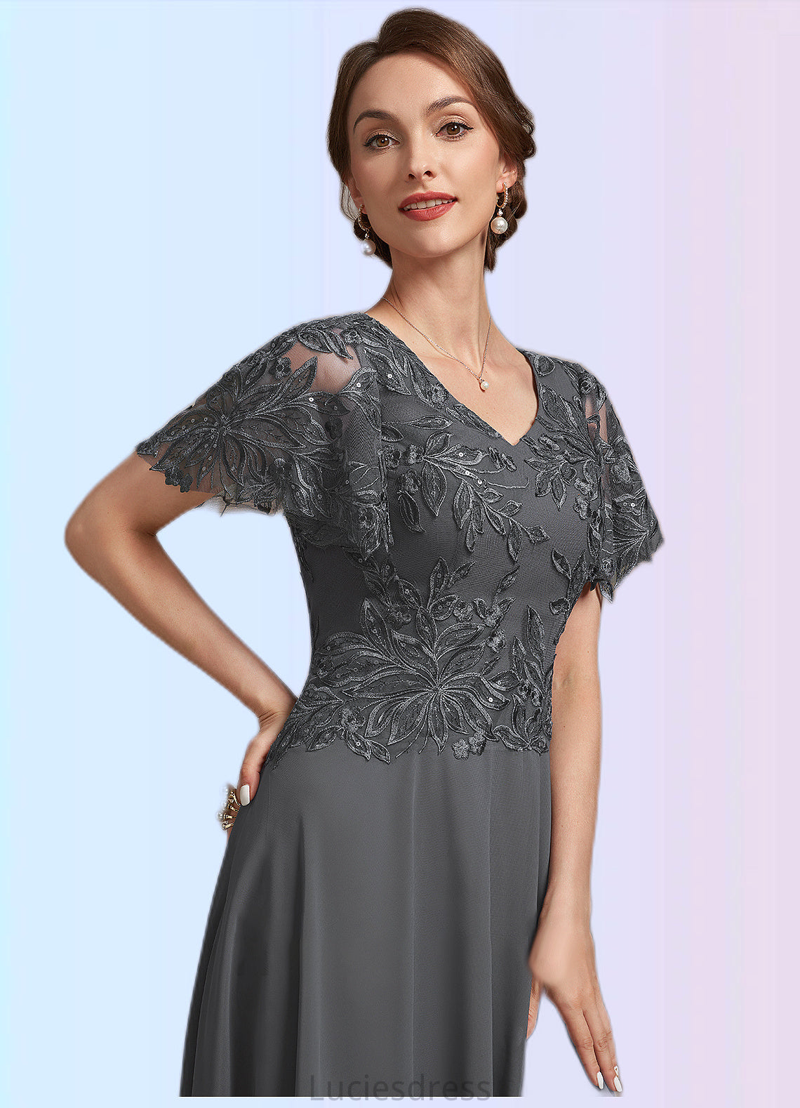 Kaiya A-Line V-neck Ankle-Length Chiffon Lace Mother of the Bride Dress With Sequins HF126P0014838