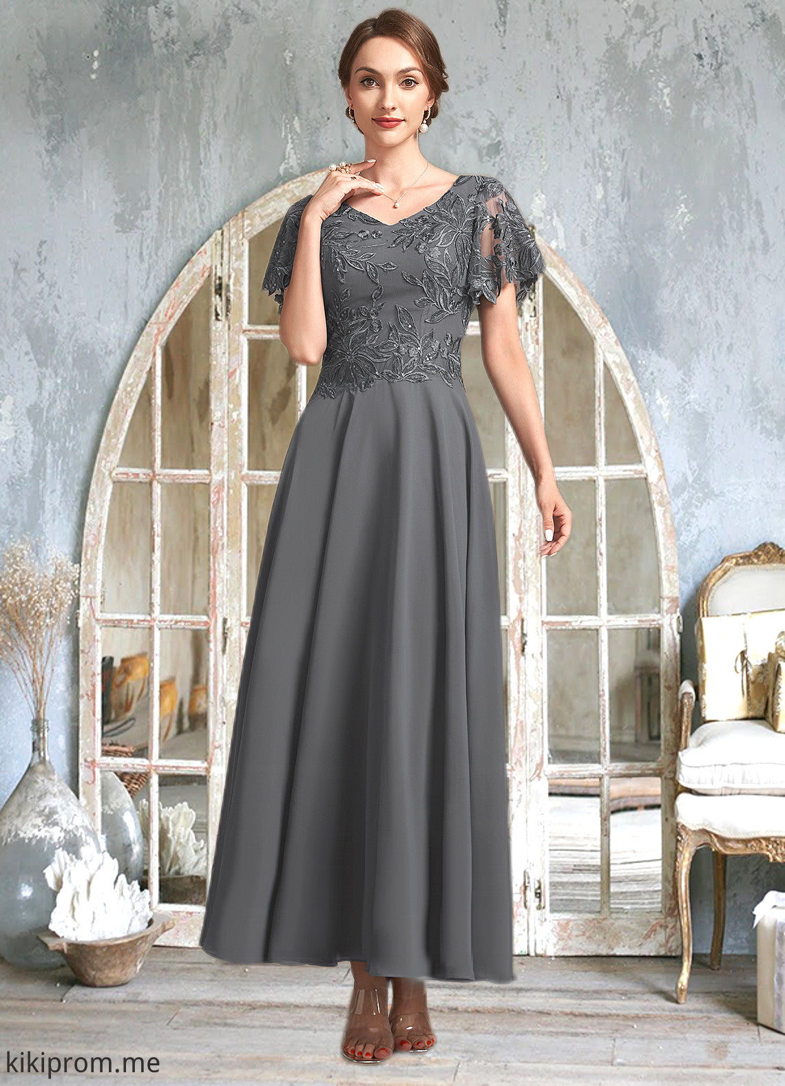 Yamilet A-Line V-neck Ankle-Length Chiffon Lace Mother of the Bride Dress With Sequins STF126P0014838