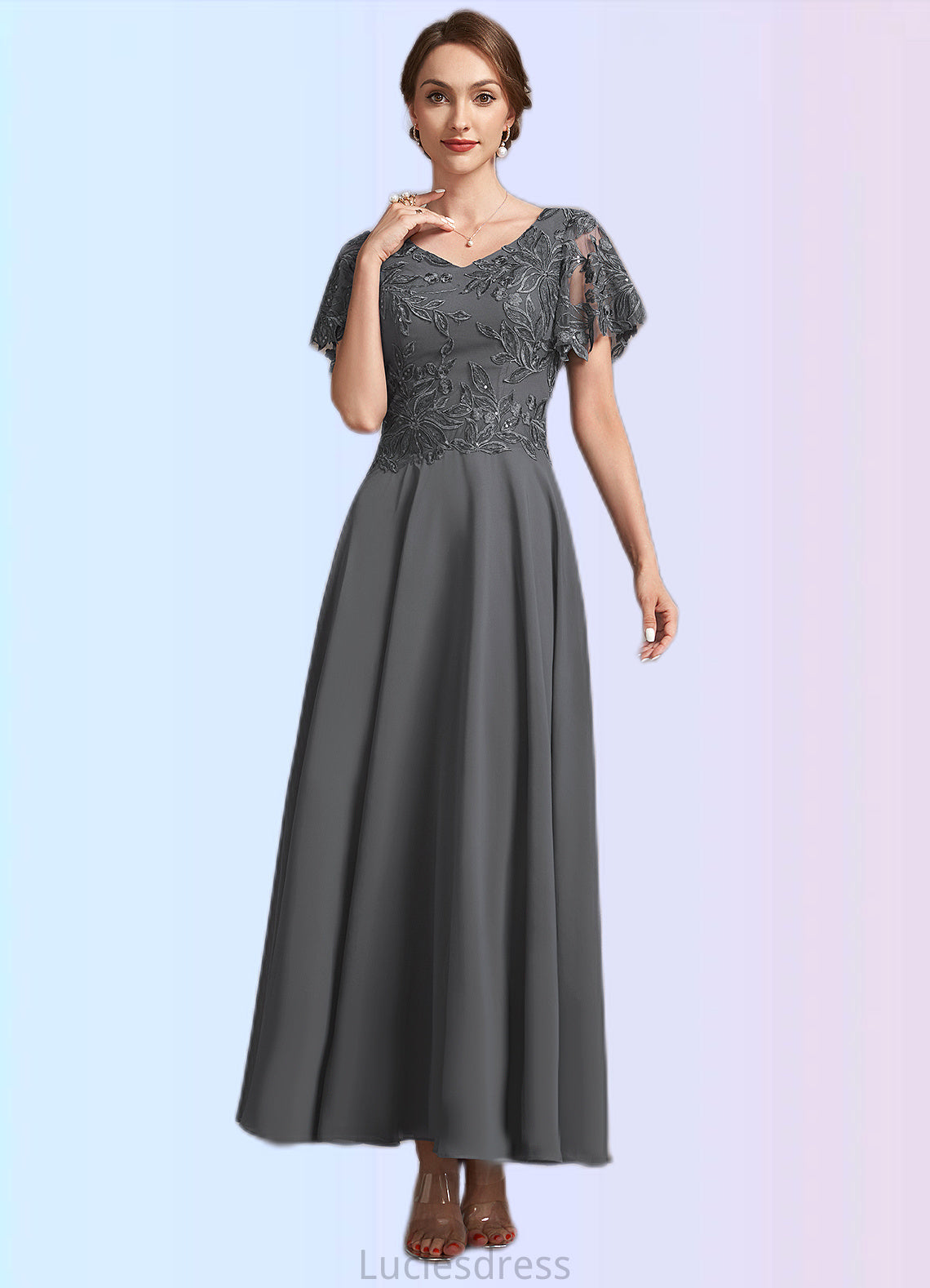 Kaiya A-Line V-neck Ankle-Length Chiffon Lace Mother of the Bride Dress With Sequins HF126P0014838