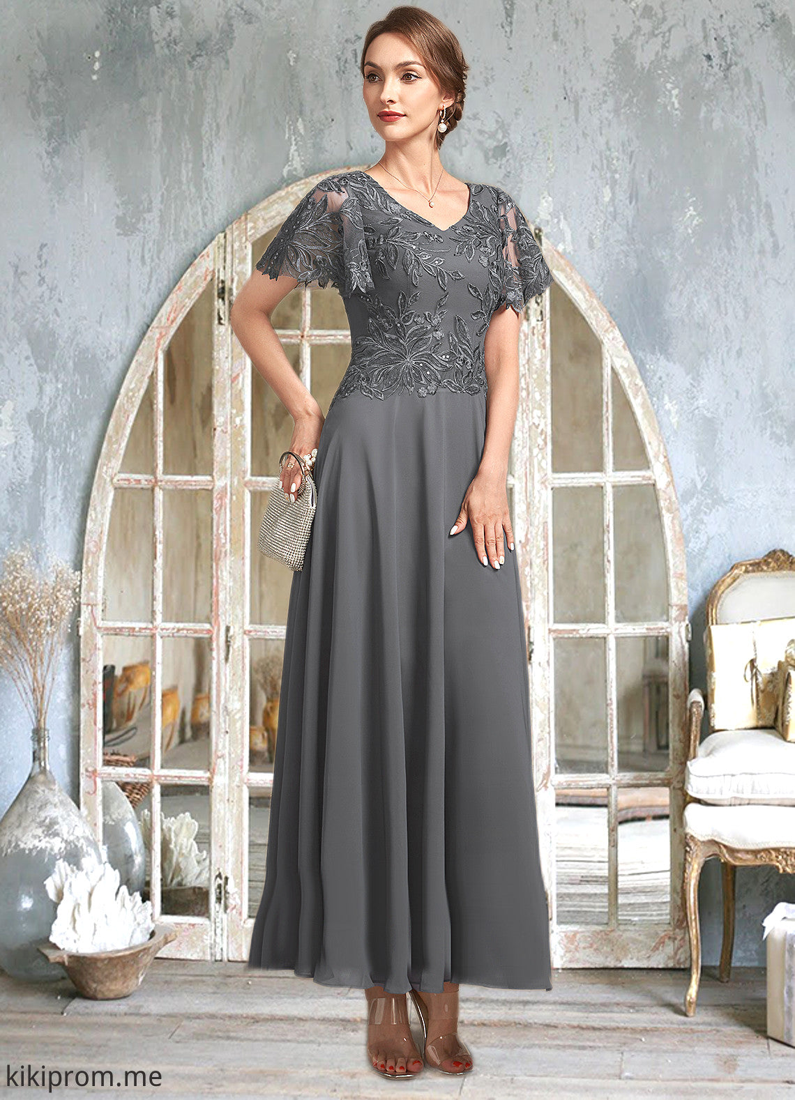 Yamilet A-Line V-neck Ankle-Length Chiffon Lace Mother of the Bride Dress With Sequins STF126P0014838