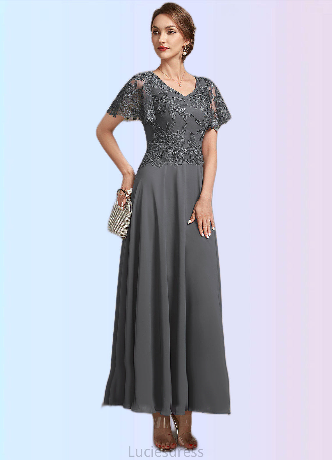 Kaiya A-Line V-neck Ankle-Length Chiffon Lace Mother of the Bride Dress With Sequins HF126P0014838