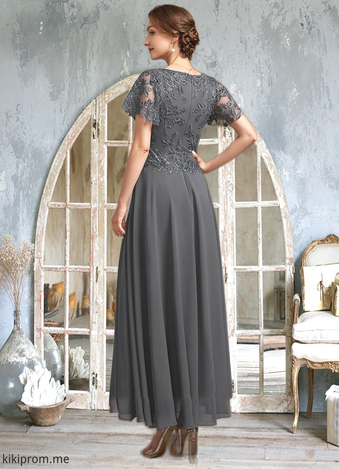 Yamilet A-Line V-neck Ankle-Length Chiffon Lace Mother of the Bride Dress With Sequins STF126P0014838