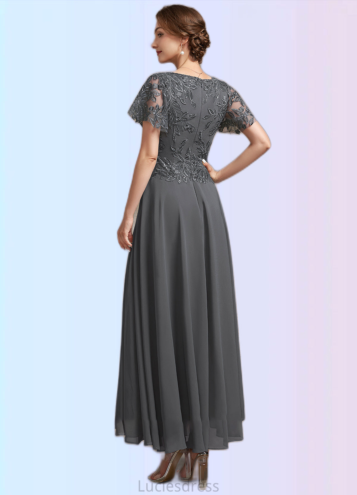 Kaiya A-Line V-neck Ankle-Length Chiffon Lace Mother of the Bride Dress With Sequins HF126P0014838