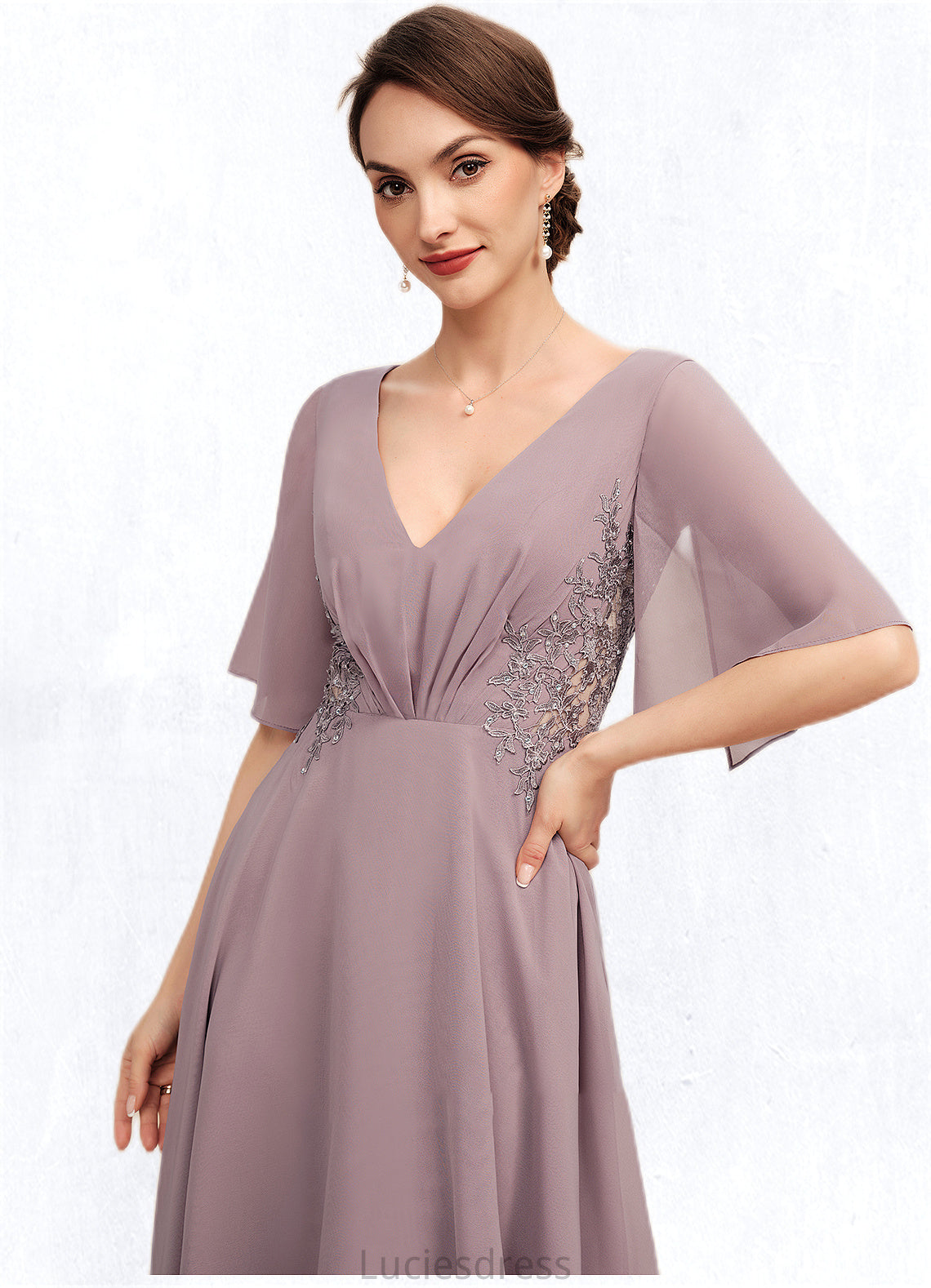 Carolyn A-Line V-neck Asymmetrical Chiffon Mother of the Bride Dress With Ruffle Lace Beading HF126P0014839