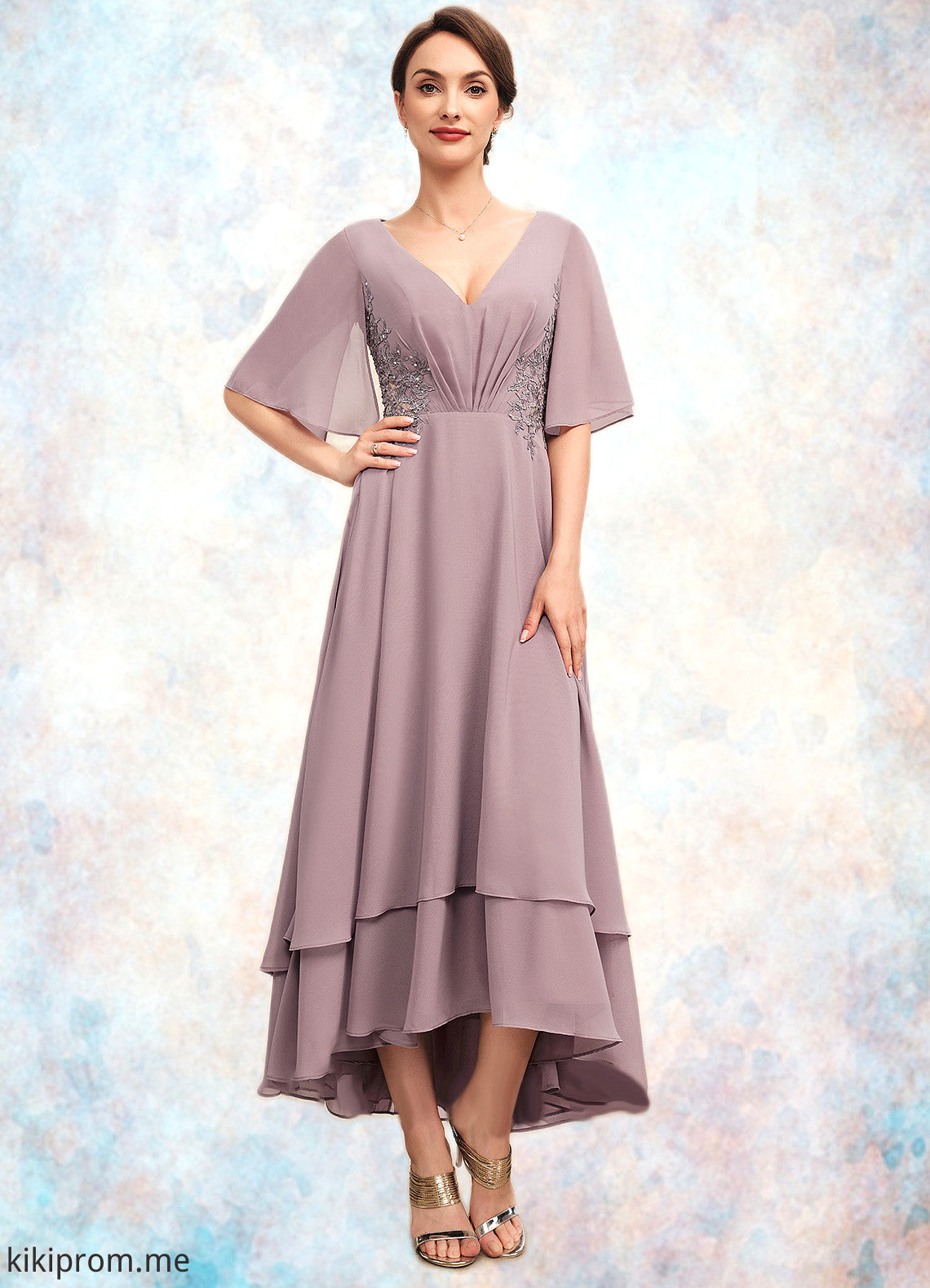 Payton A-Line V-neck Asymmetrical Chiffon Mother of the Bride Dress With Ruffle Lace Beading STF126P0014839