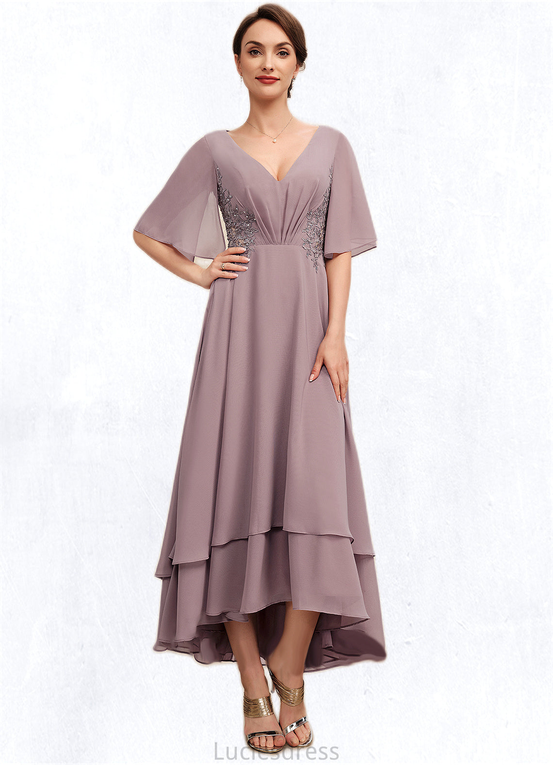 Carolyn A-Line V-neck Asymmetrical Chiffon Mother of the Bride Dress With Ruffle Lace Beading HF126P0014839