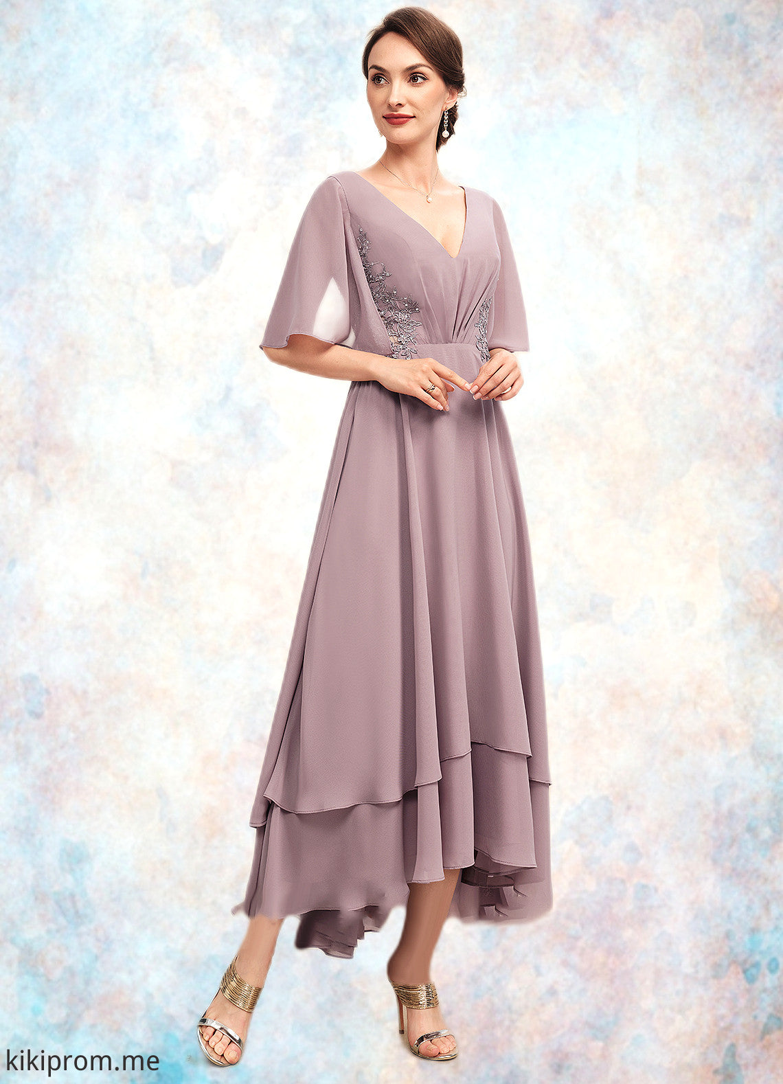 Payton A-Line V-neck Asymmetrical Chiffon Mother of the Bride Dress With Ruffle Lace Beading STF126P0014839